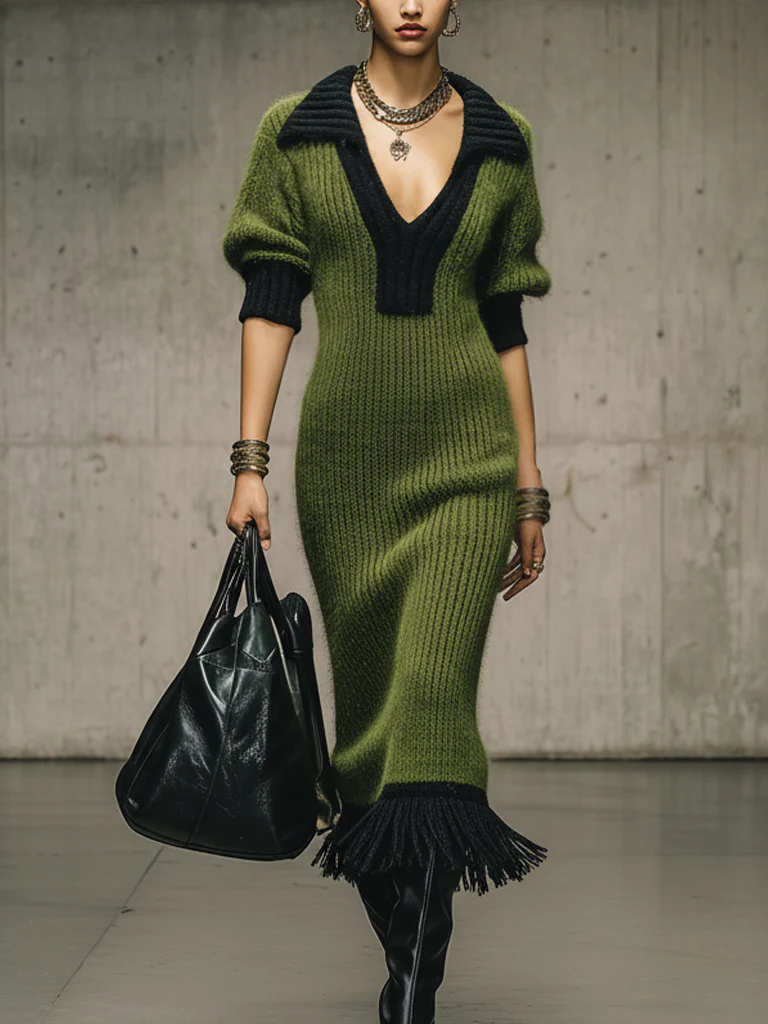 Green Knit Deep V-Neck Fringe Maxi Dress