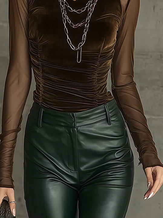 Brown Velvet Mesh Mock Neck Top With Ruched Detailing