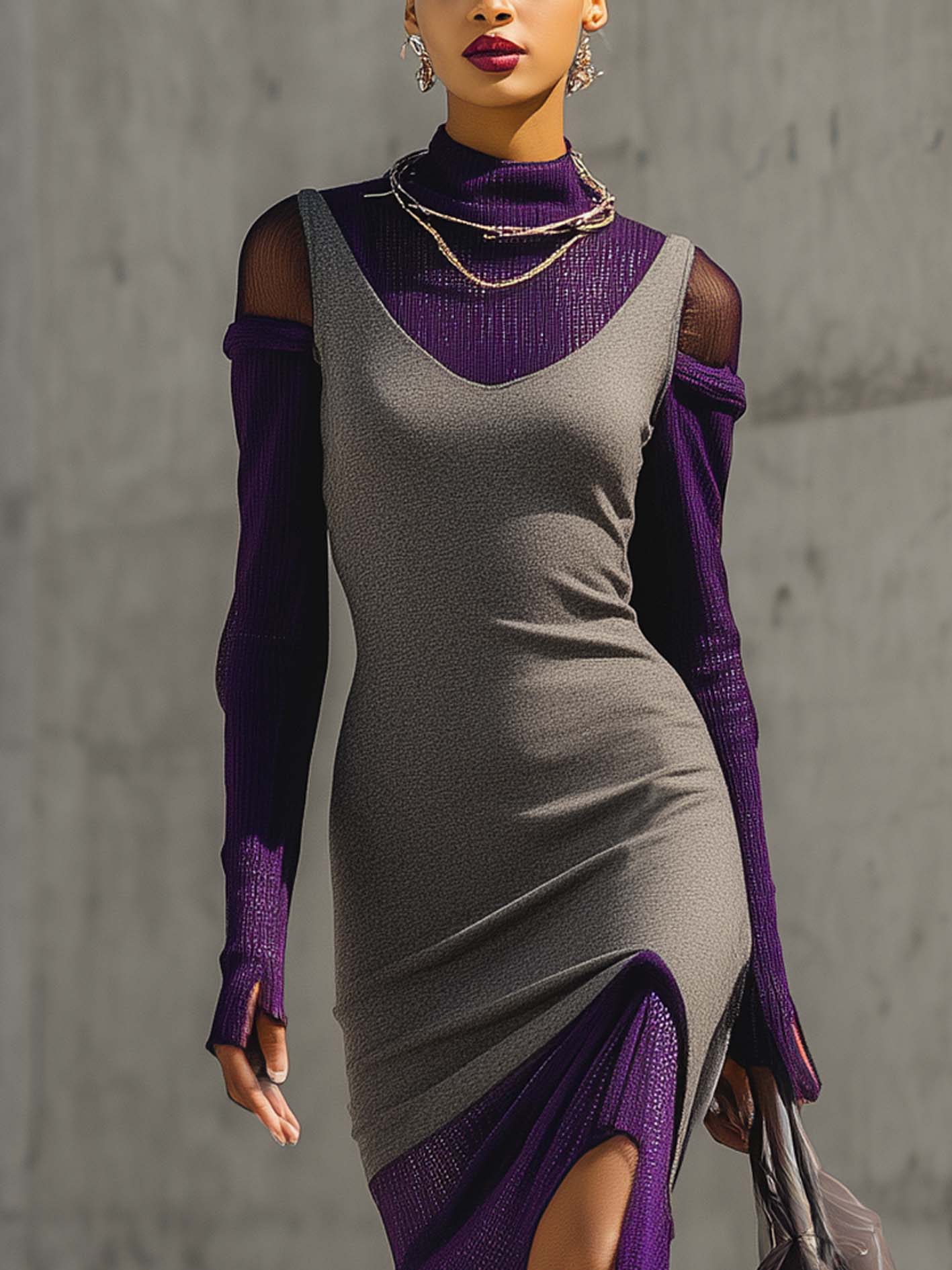 Gray Knit Bodycon Dress  With Purple Shimmer Layered Design Two-Piece Set