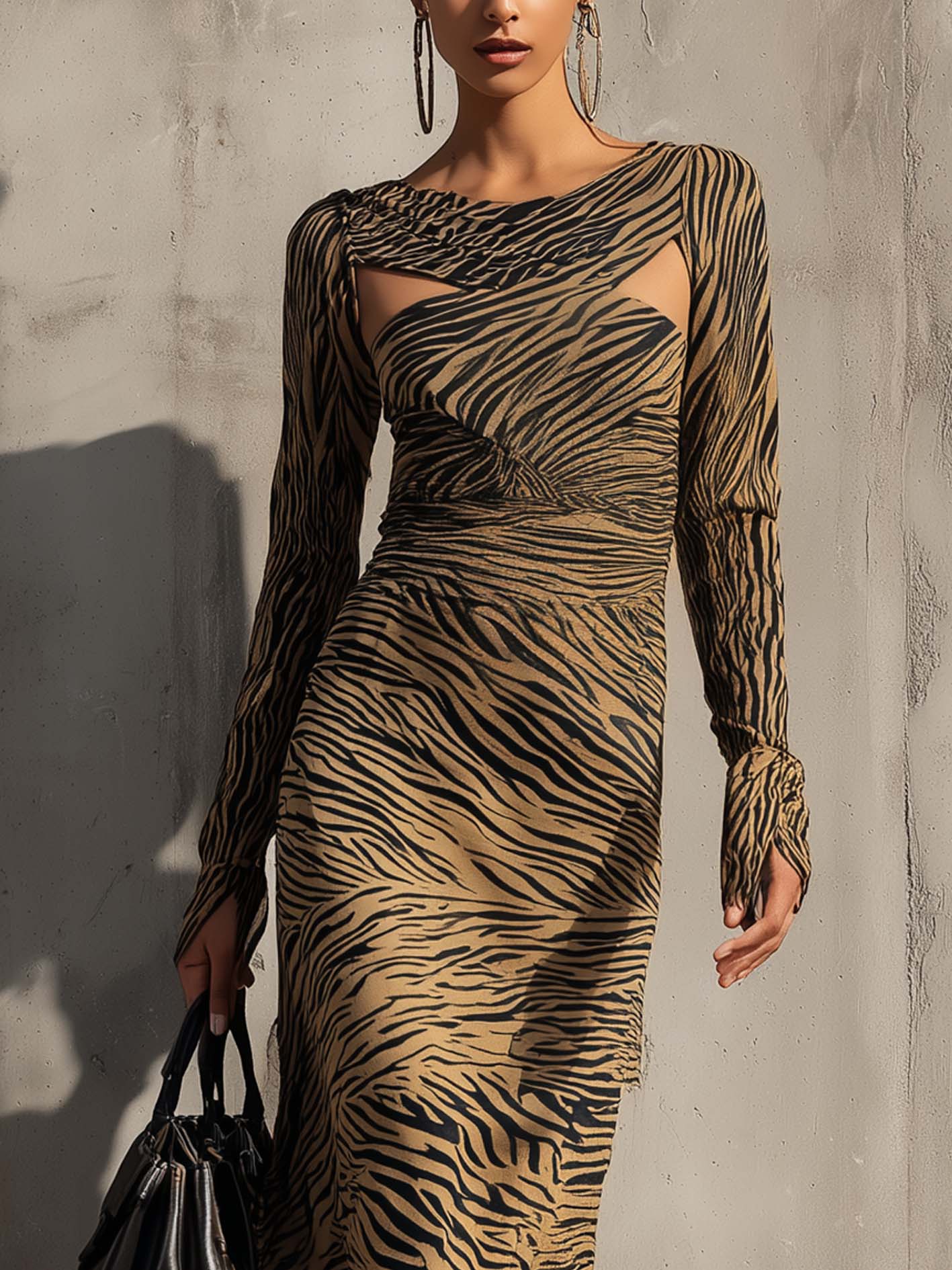 Khaki Zebra Print Cutout Bodycon Dress