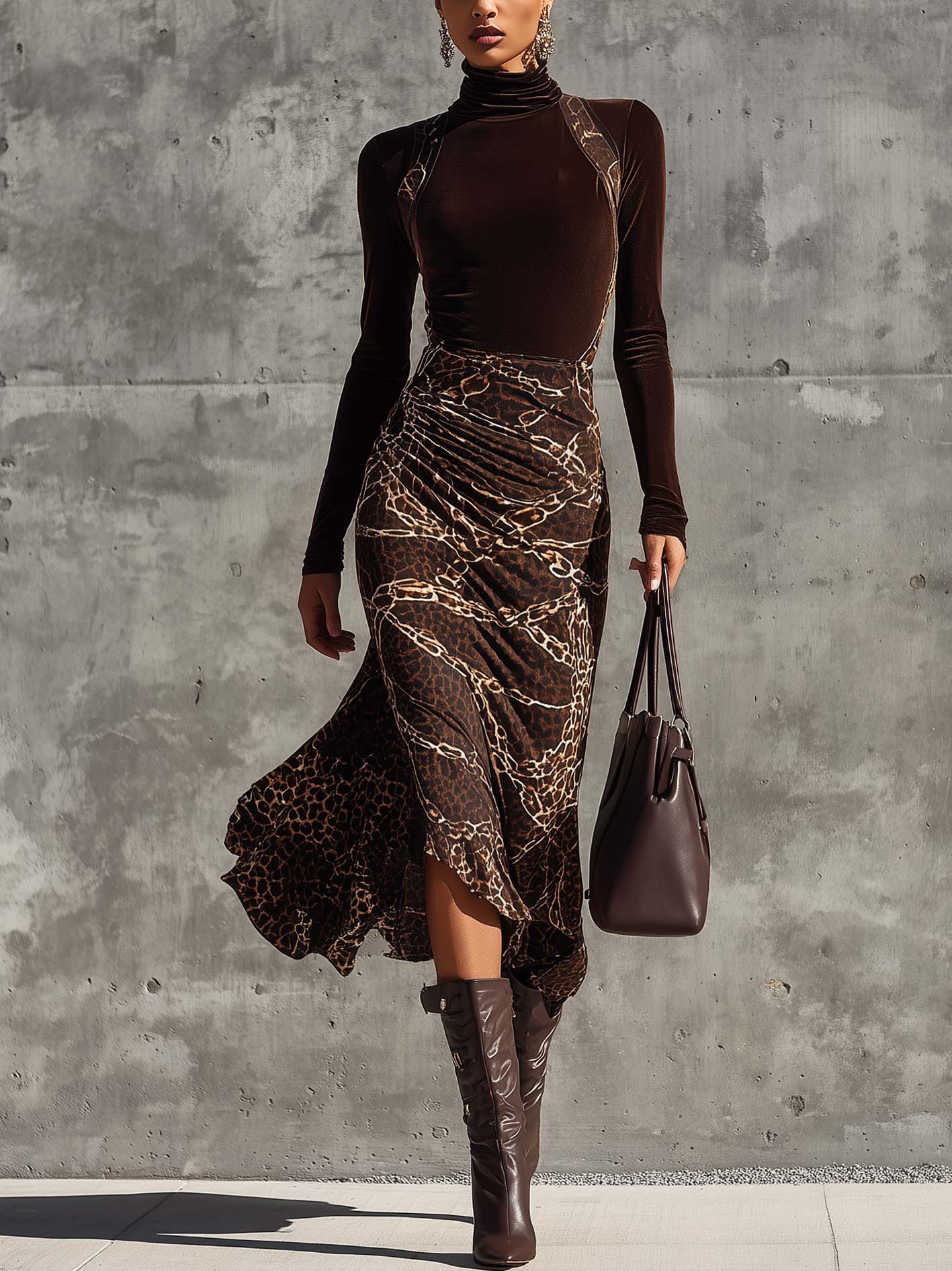 Chocolate Velvet Leopard Print Patchwork Bodycon Midi Dress