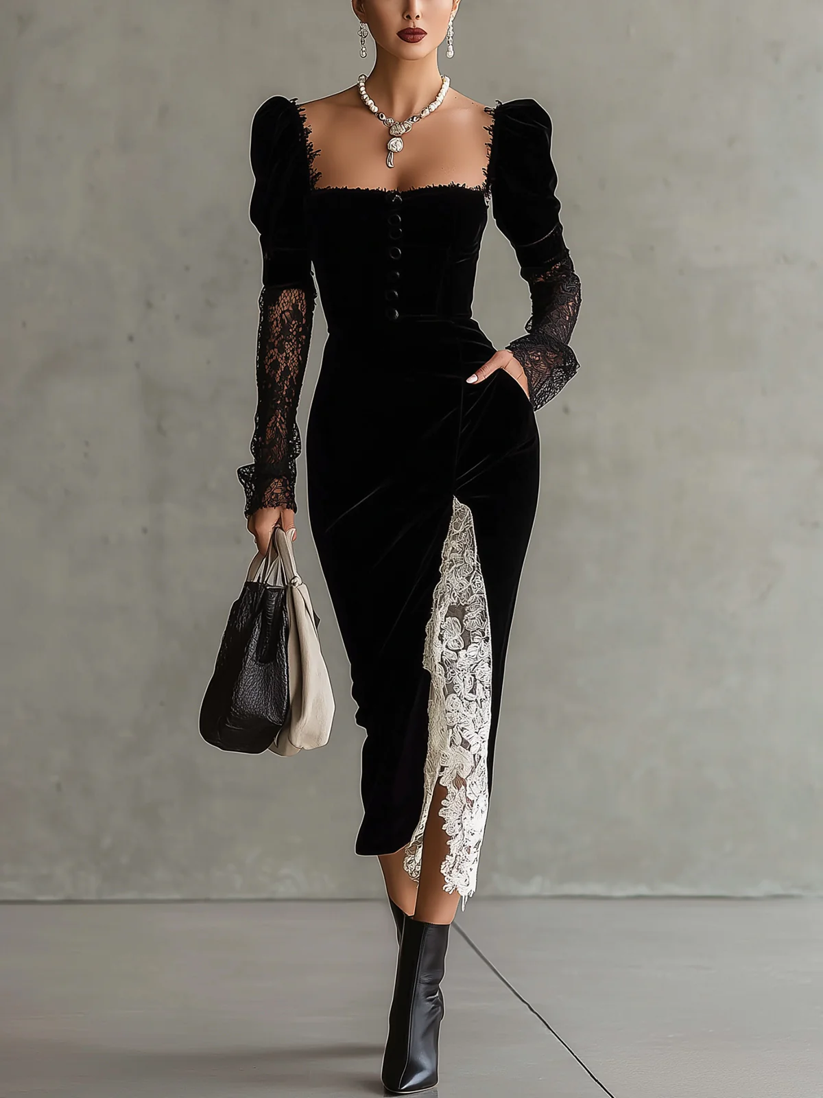 Black Velvet Midi Dress With Lace Sleeves And Contrasting Slit Detail