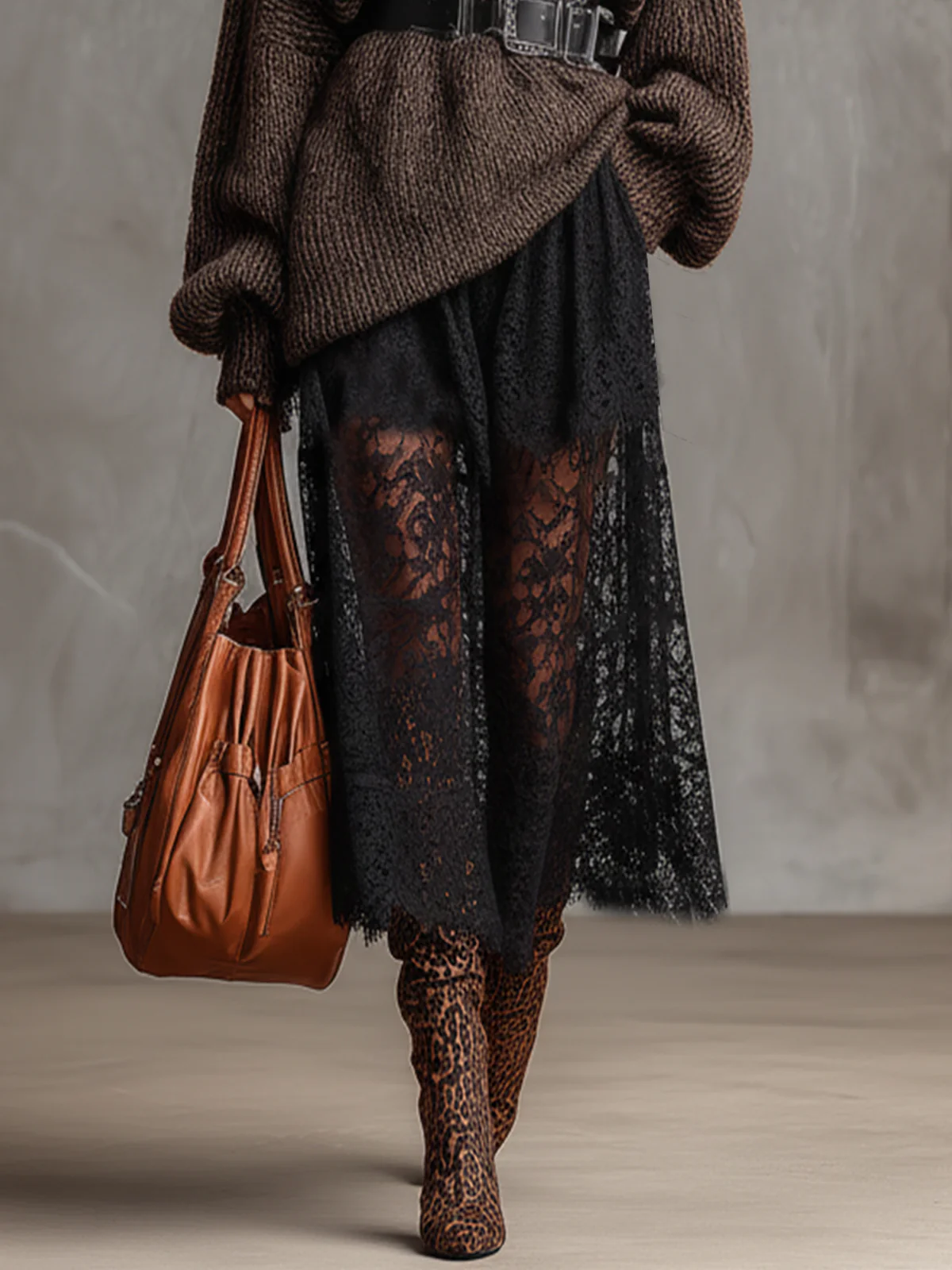 Dark Coffee V-Neck Sweater And Lace Skirt Set With Belt