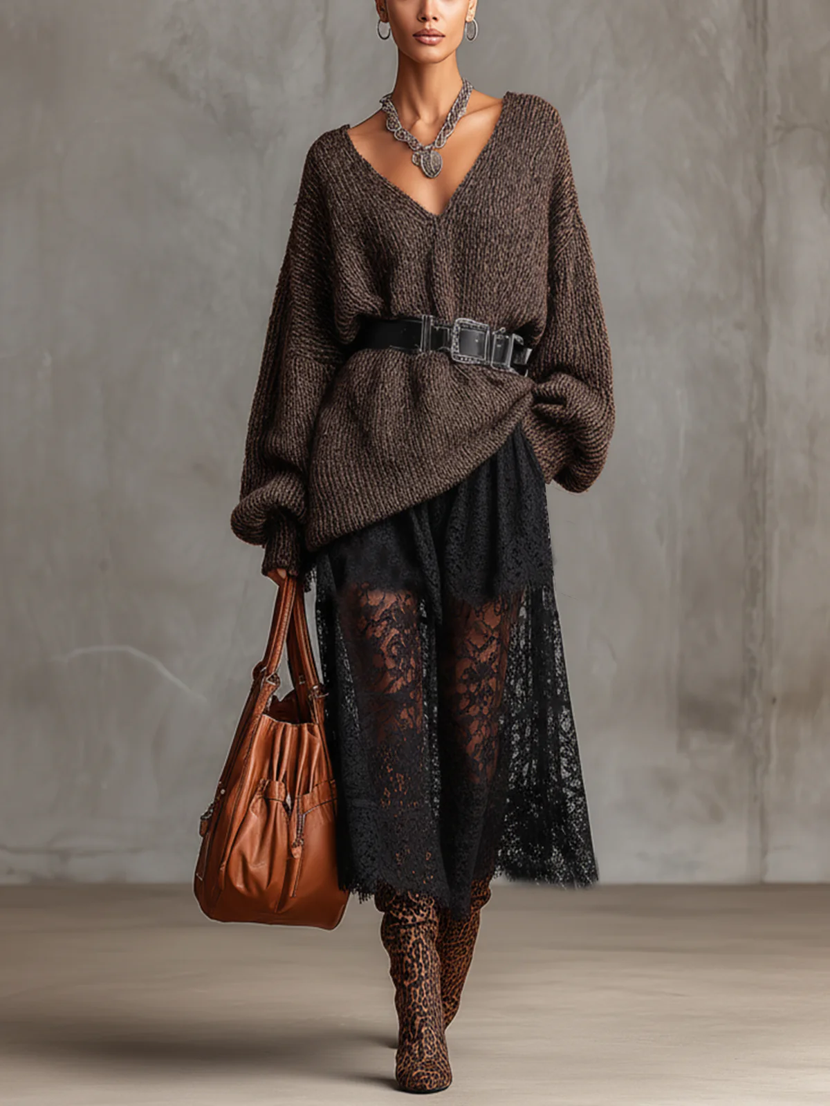 Dark Coffee V-Neck Sweater And Lace Skirt Set With Belt