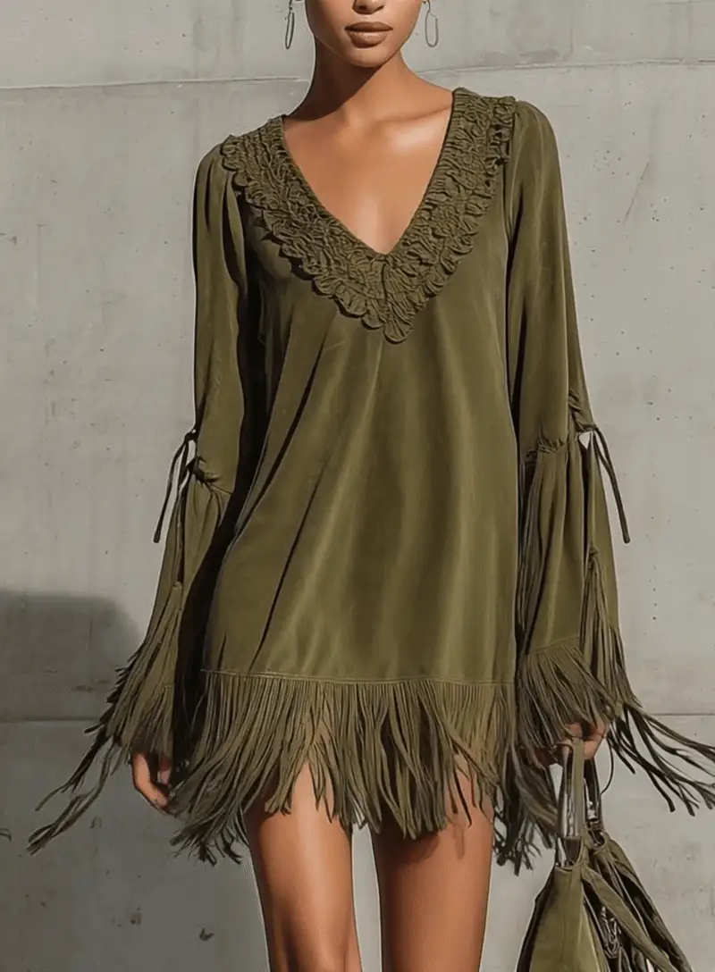 Olive Green Faux Suede Lace Trim Tassel Mini Dress