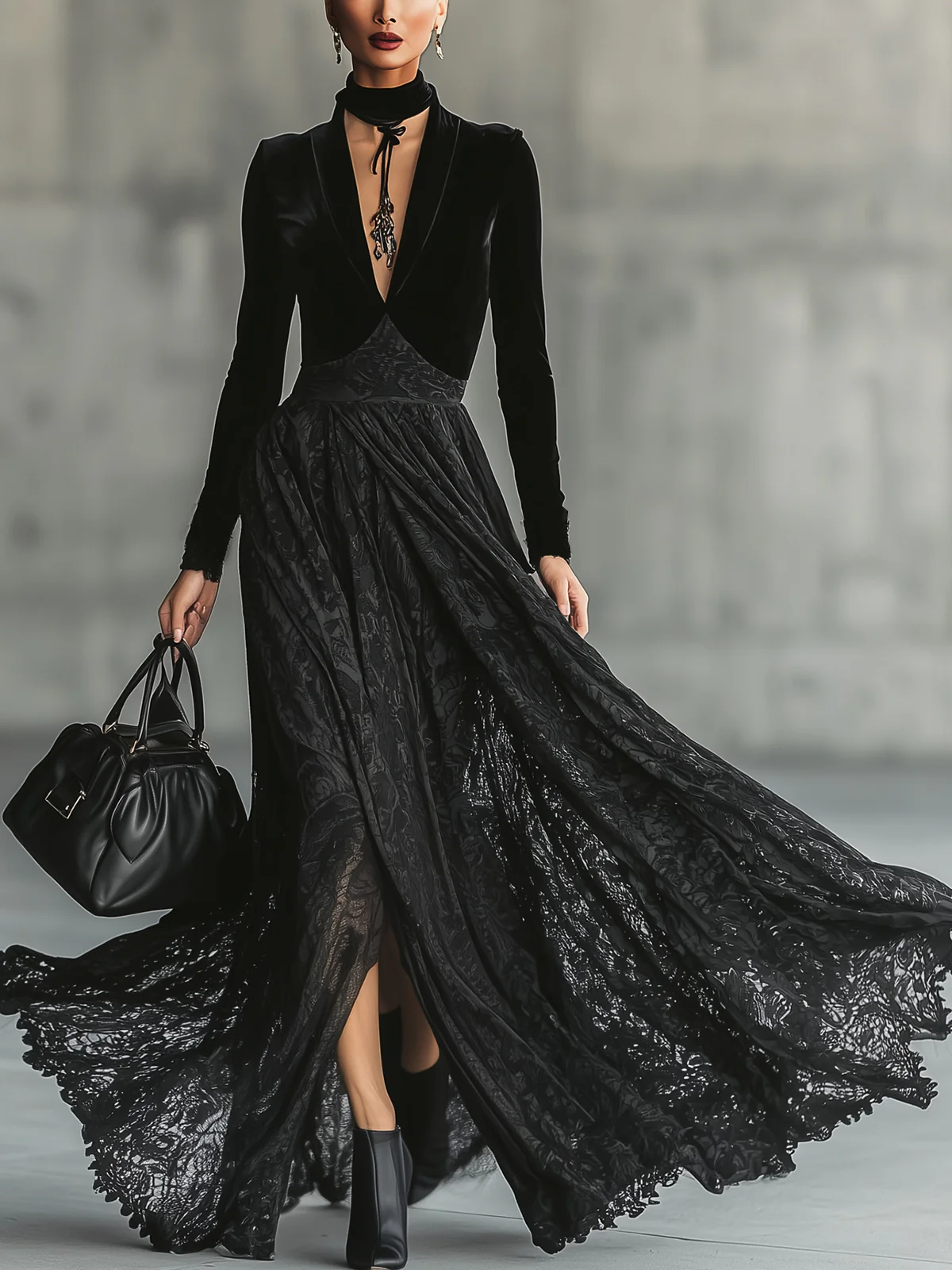 Black Velvet Deep V-Neck Lace Patchwork Long Sleeve Maxi Dress