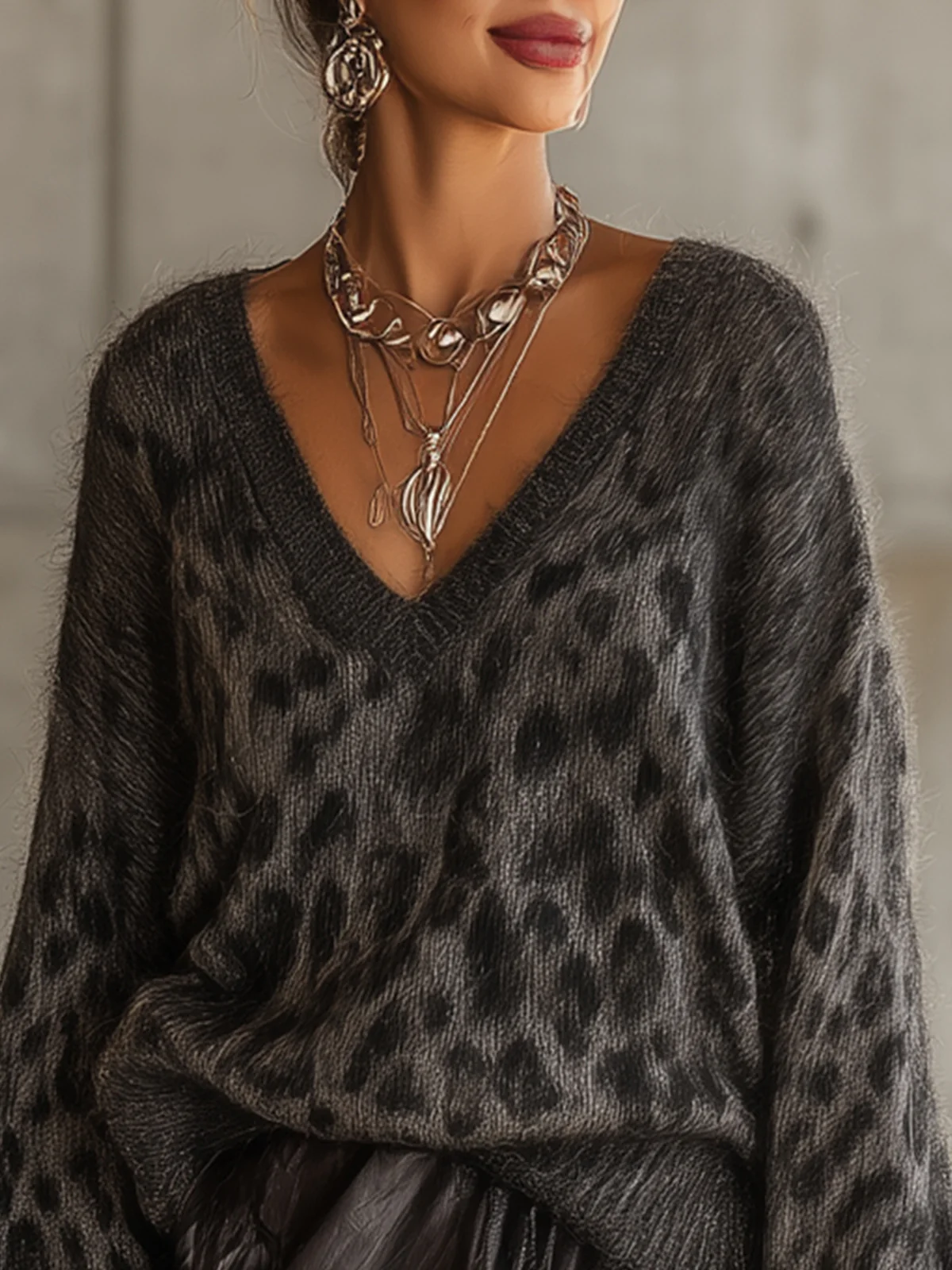 Gray Leopard Print Fuzzy Knit Sweater