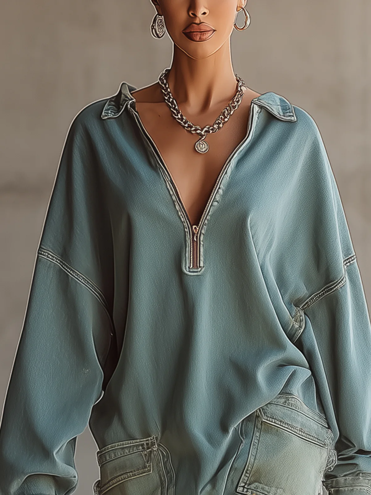 Light Blue Zip Collar Oversized Denim Mini Dress