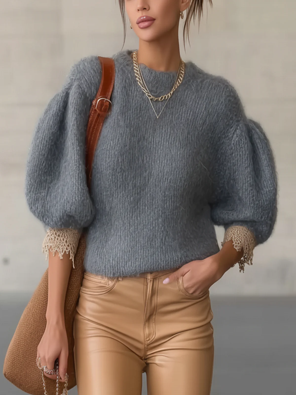 Gray Textured Knit Sweater With Lace Cuff Detail