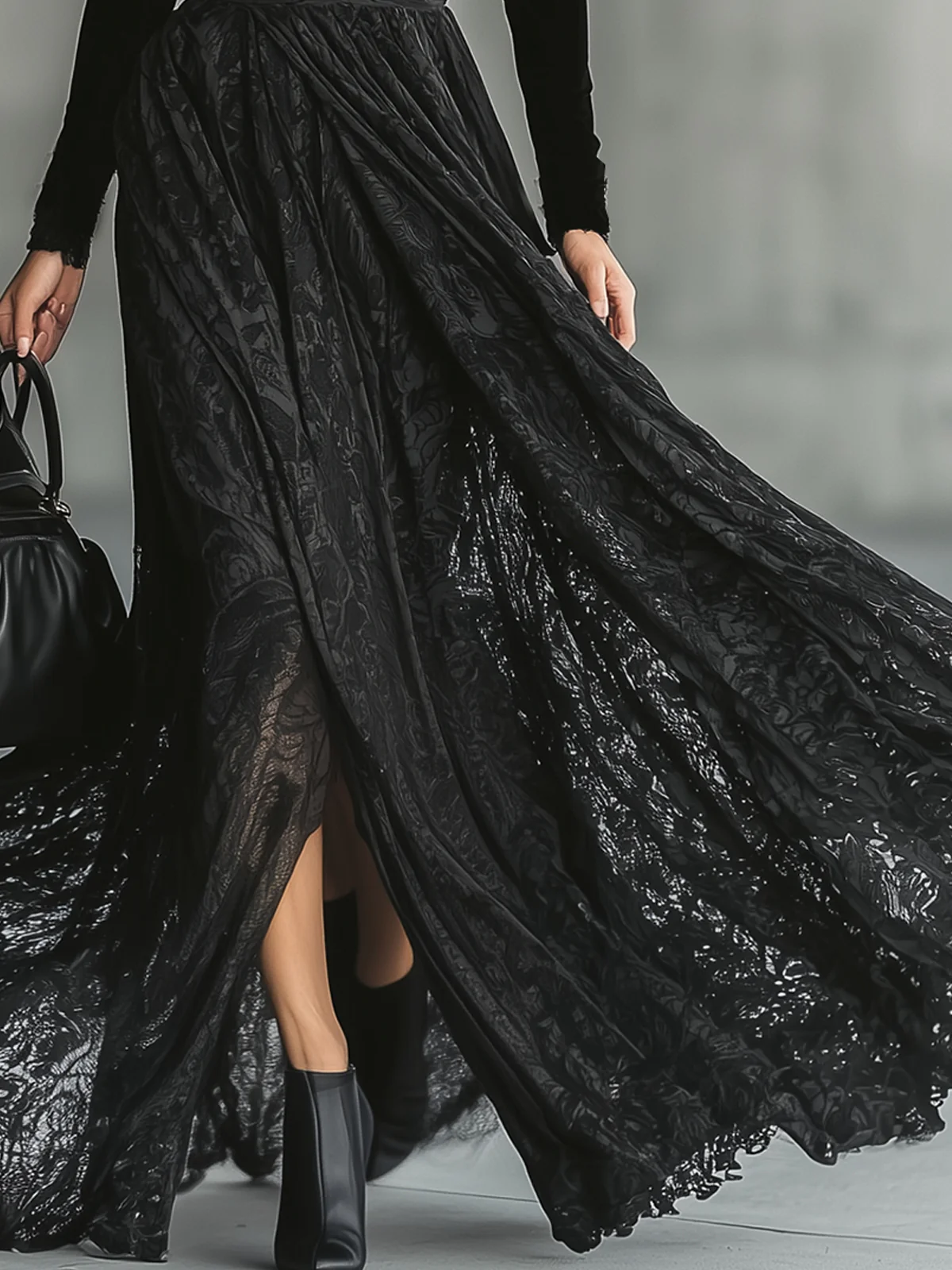 Black Velvet Deep V-Neck Lace Patchwork Long Sleeve Maxi Dress
