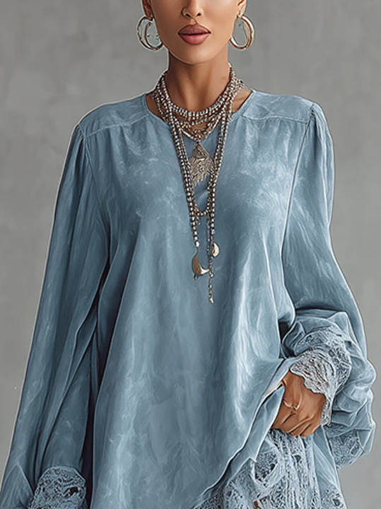 Blue Faux Suede Mini Dress With Lace Hem