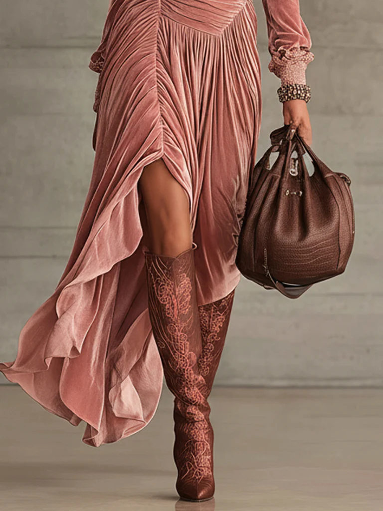Pink Velvet Ruched Asymmetric Hem Long Sleeve Maxi Dress