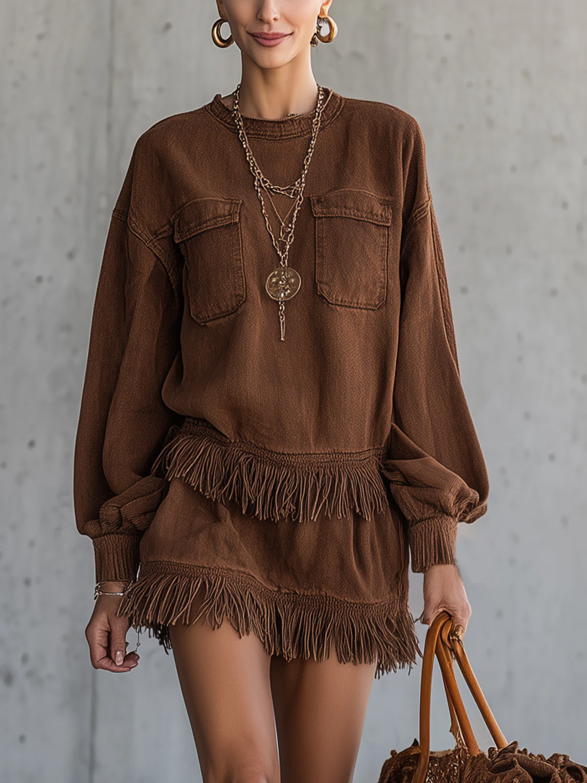 Brown Fringe Hem Long Sleeve Denim Mini Dress