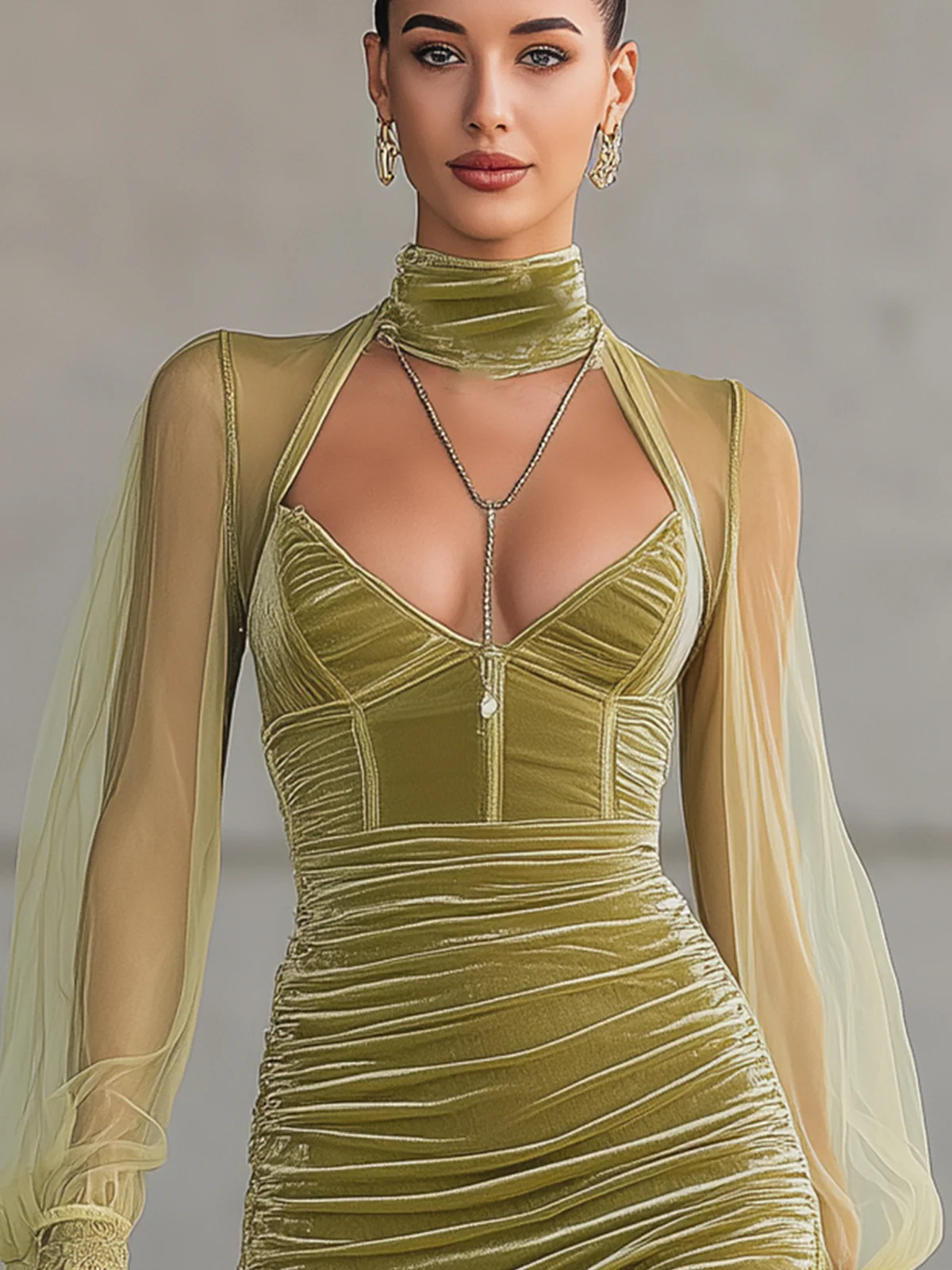 Olive Green Velvet Ruched Mini Dress With Sheer Sleeves And Lace Trim