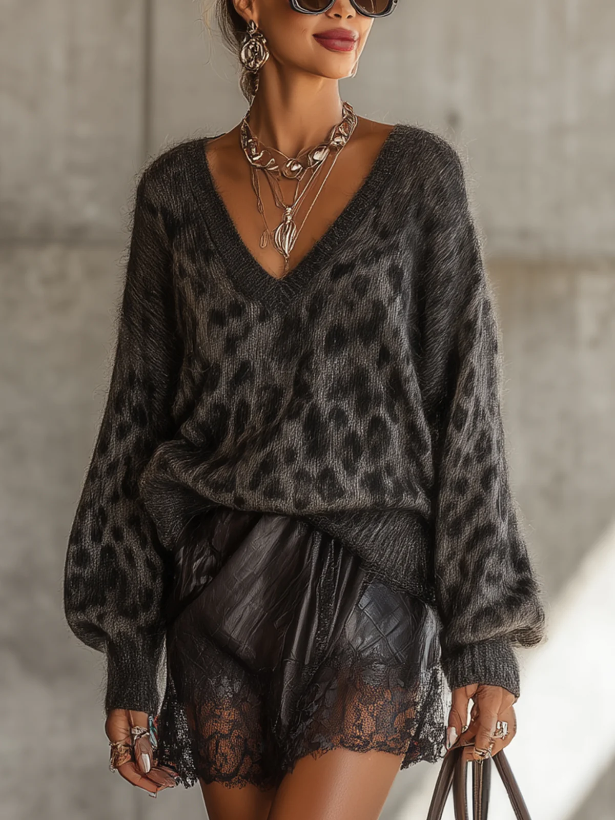 Gray Leopard Print Fuzzy Knit Sweater