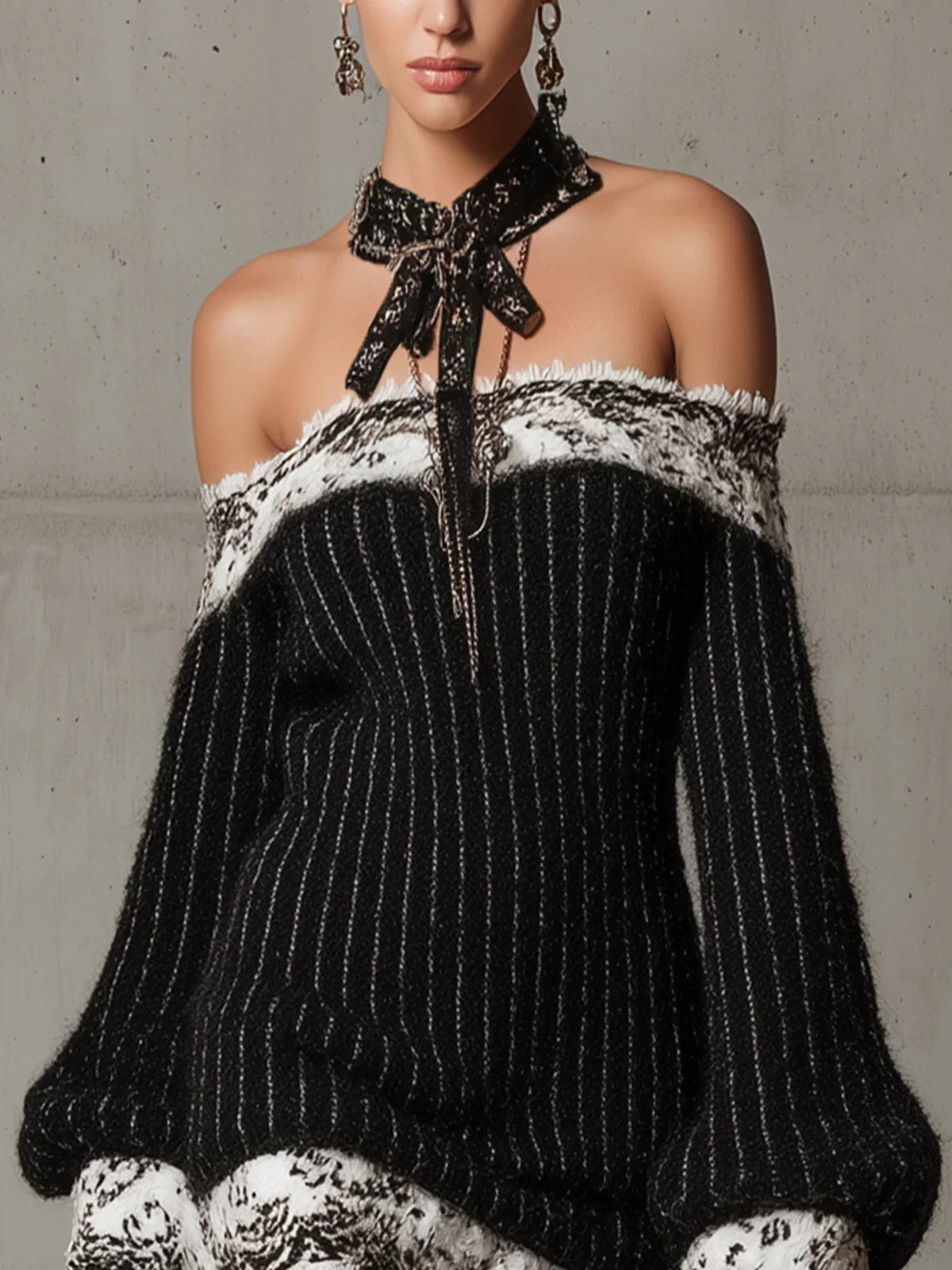 Off-Shoulder Black And White Textured Knit Mini Dress With Ribbon