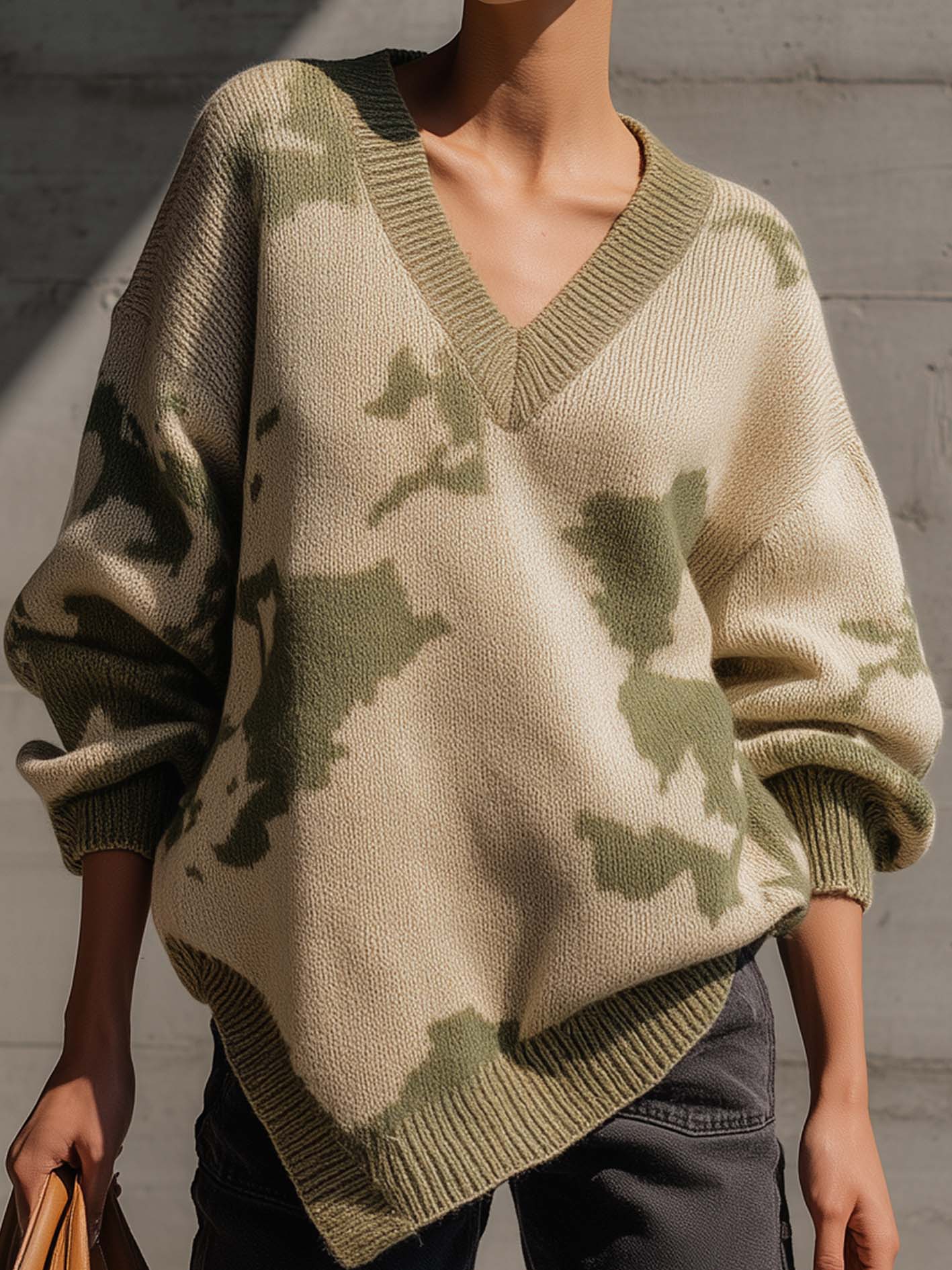 Khaki Green Camo Print V-Neck Oversized Knit Sweater