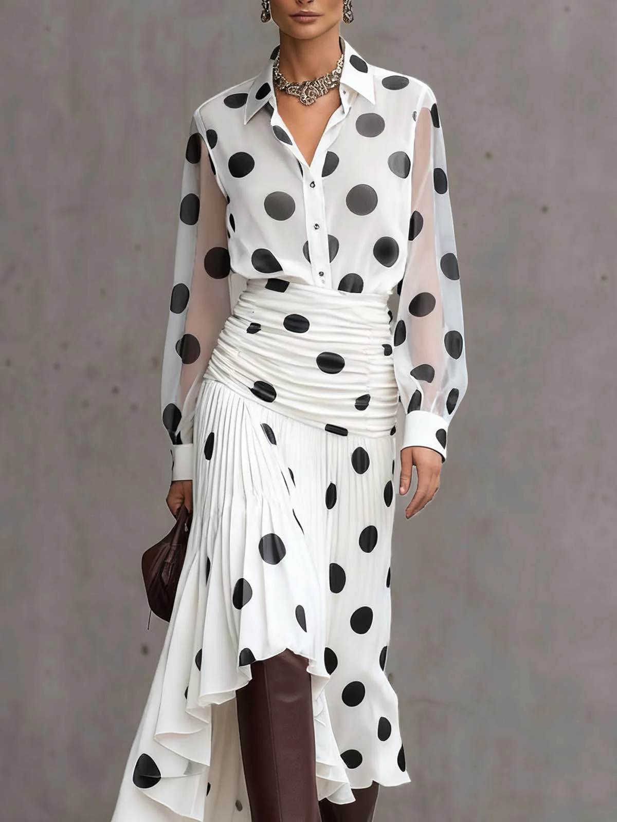White Satin Polka Dot Pleated Sheer Sleeve Dress Set