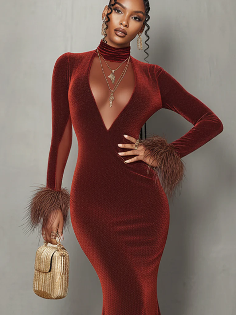 Red Velvet Mesh Trimmed Feather Cuff Mermaid Maxi Dress