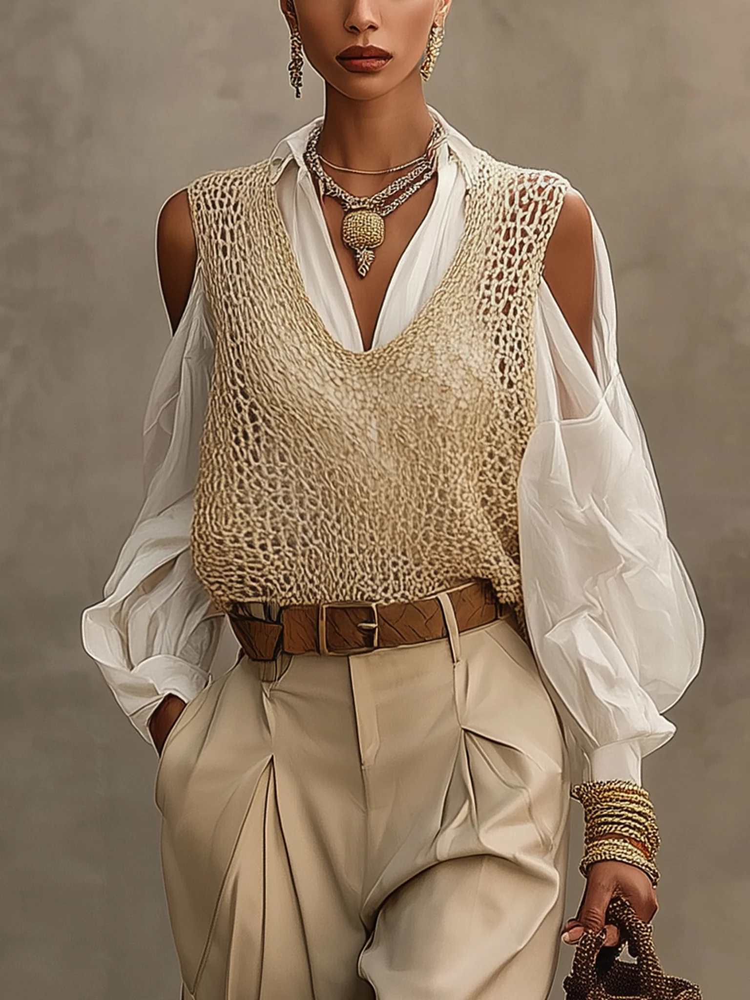 Cream Knit Sleeveless V-Neck Loose fitting Vest