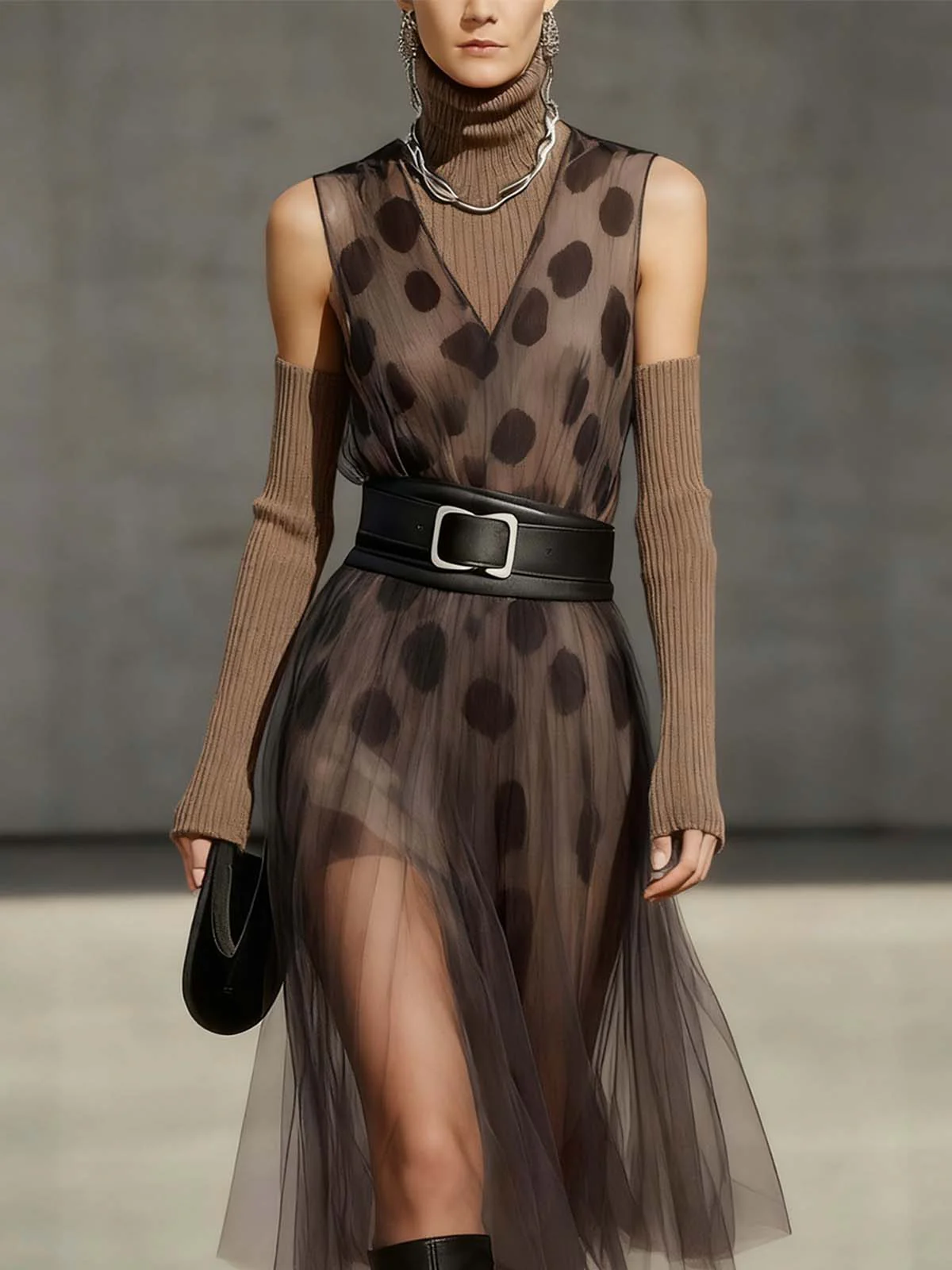 Brown Tulle Layered Stretch Knit Polka Dot Sleeves Fitted Dress Set