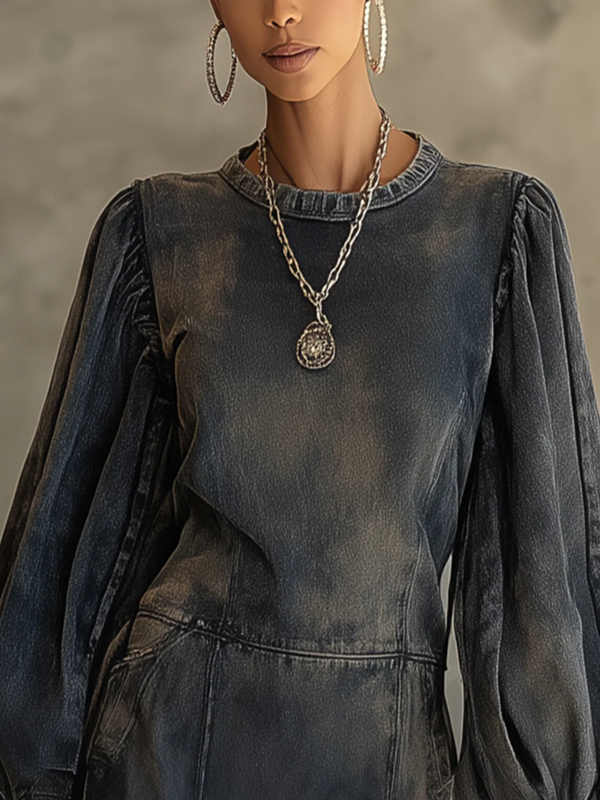 Washed Black Puff Sleeve Ruffle Hem Denim Mini Dress