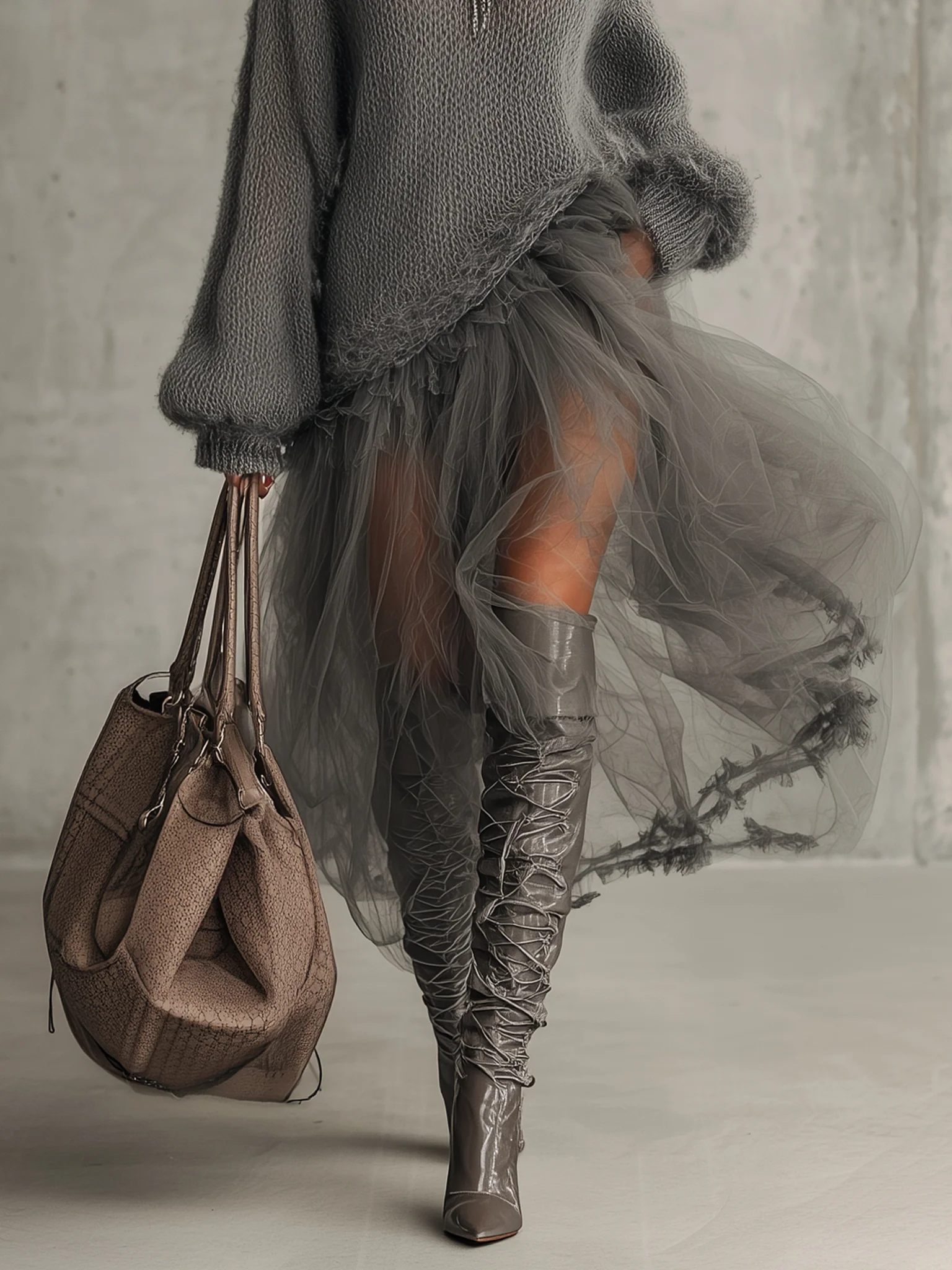 Gray Mohair And Tulle Panel Maxi Dress