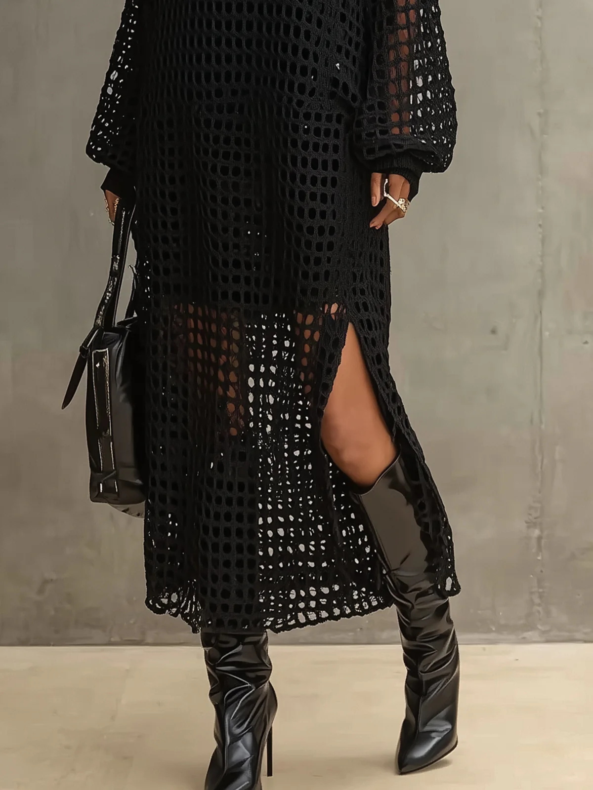 Black Fishnet Long-Sleeve Knit Maxi Dress Set