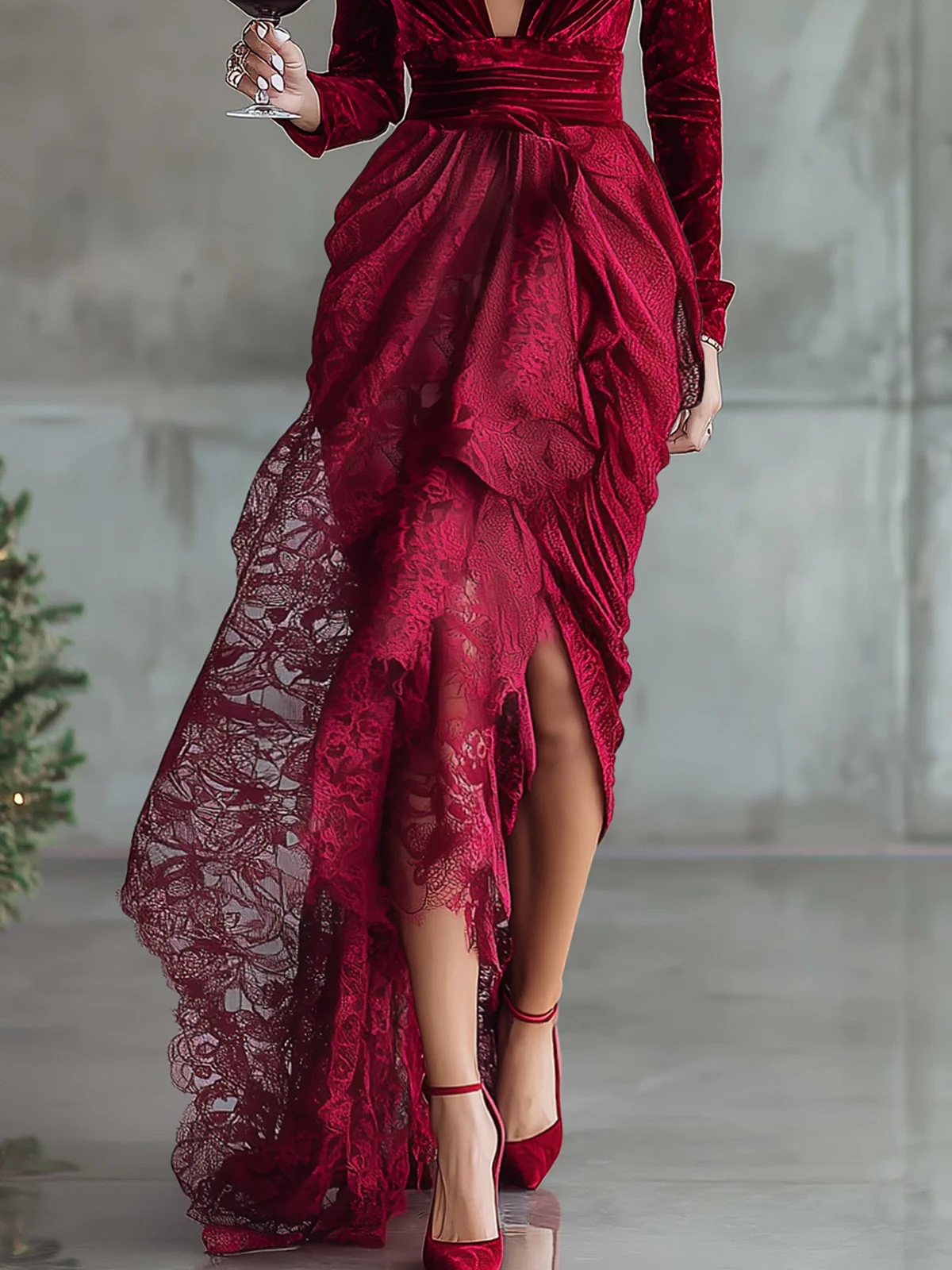 Burgundy Velvet And Lace Deep V-Neck High-Low Maxi Dress