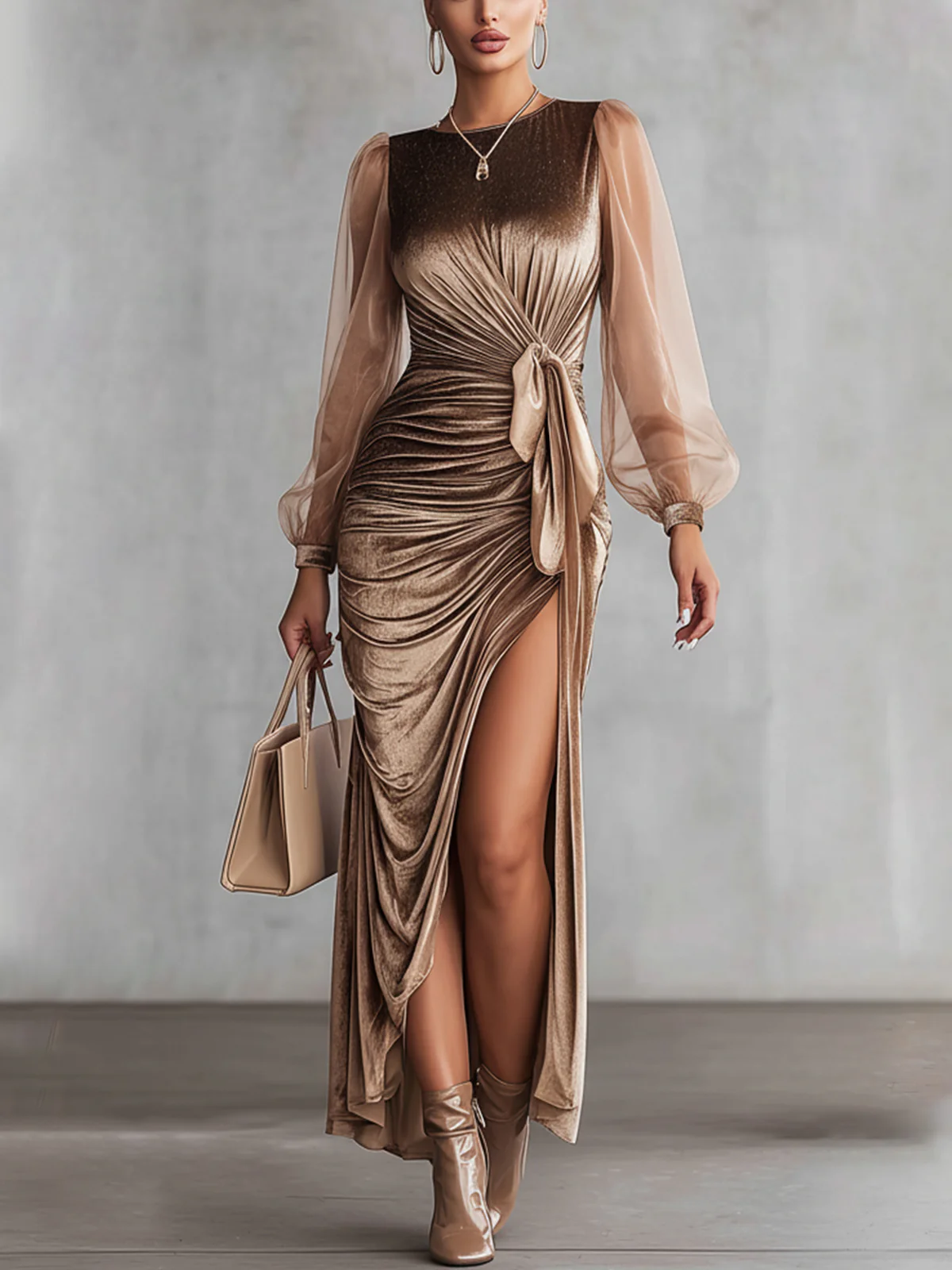 Champagne Velvet Maxi Dress With Sheer Sleeves And Side Tie Draping