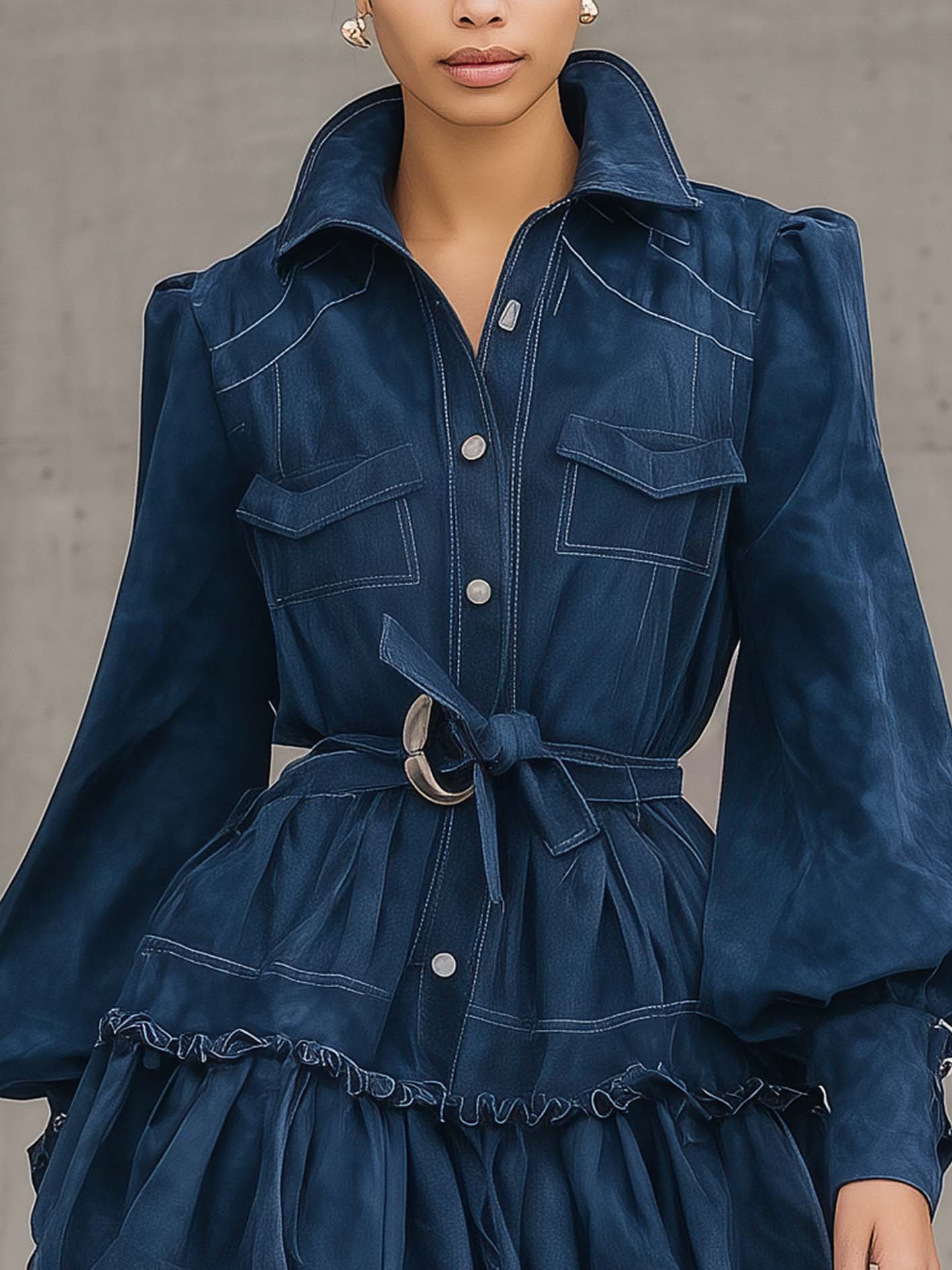 Blue Faux Suede Ruffle Belted Mini Dress With Puff Sleeves