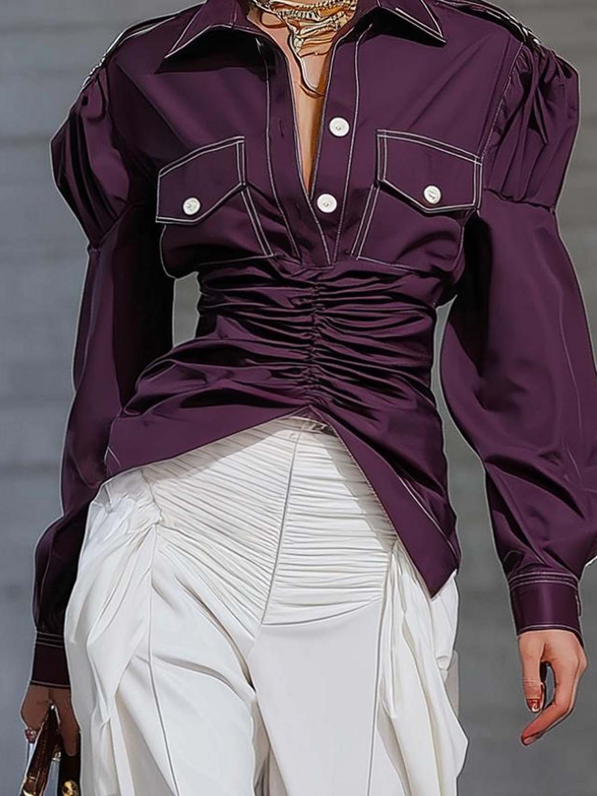 Purple Woven Half Open Placket Pleated Puff Sleeve Shirt