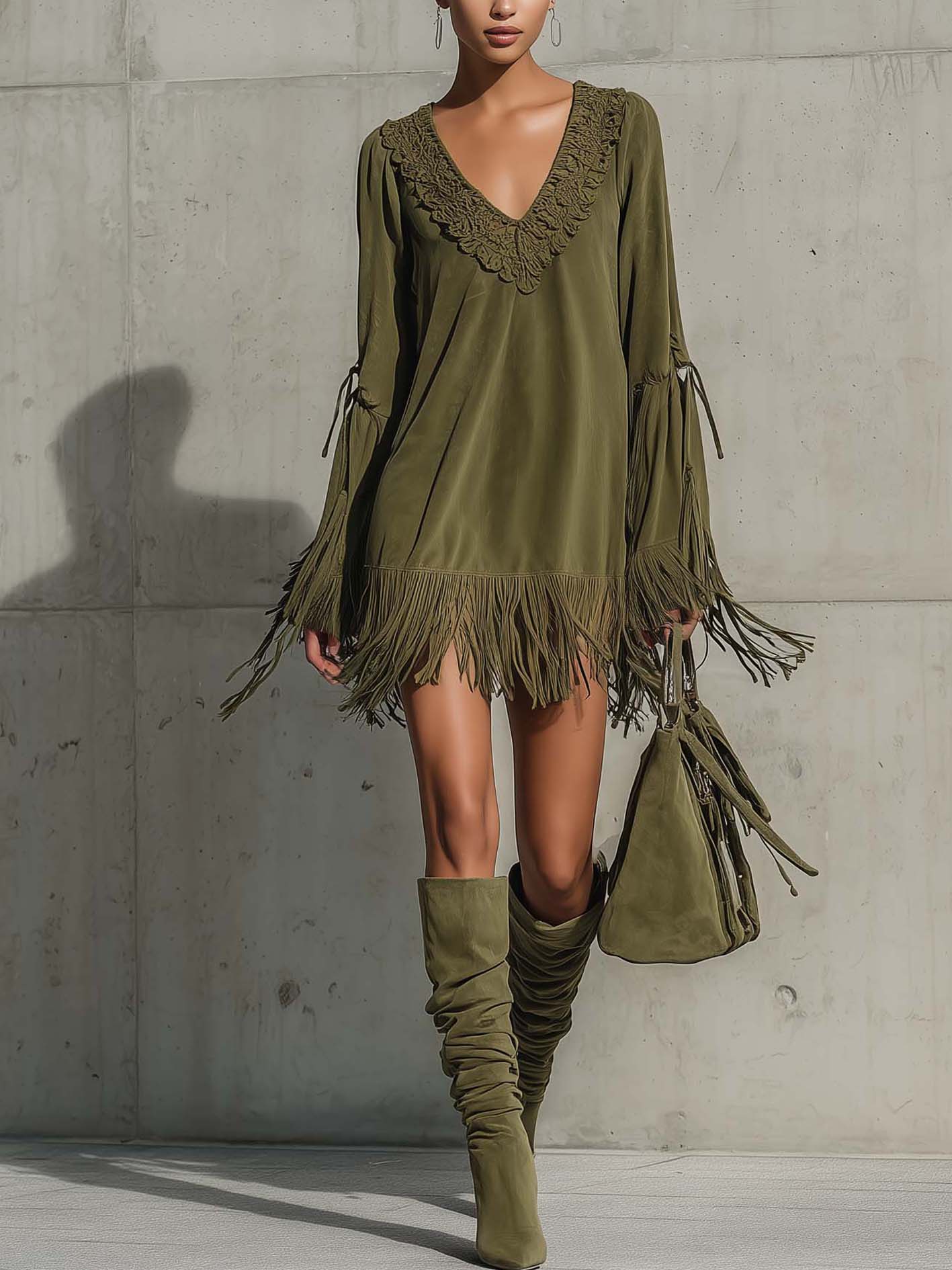Olive Green Faux Suede Lace Trim Tassel Mini Dress