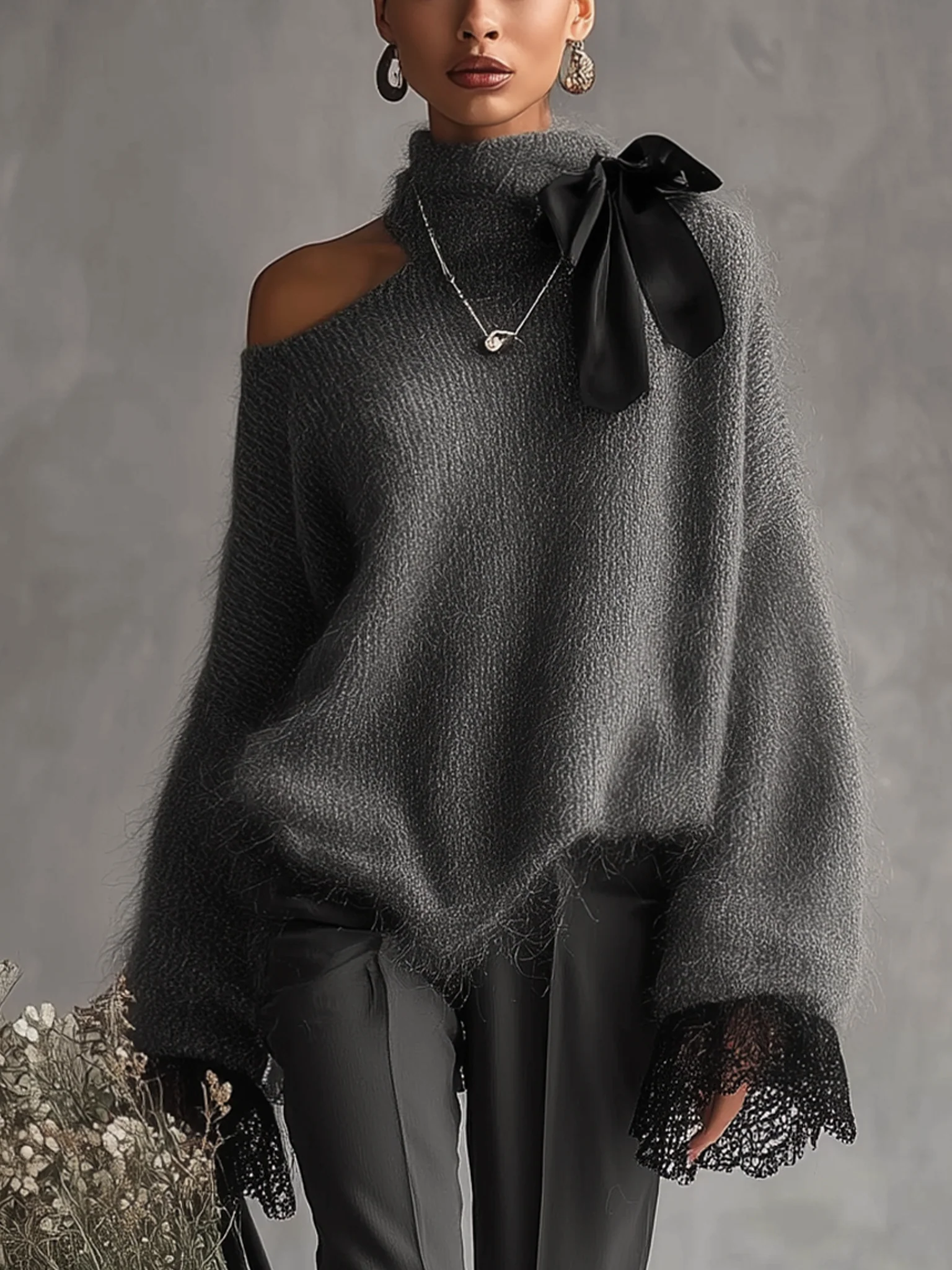 Gray Mohair Knit Sweater With Lace Cuffs