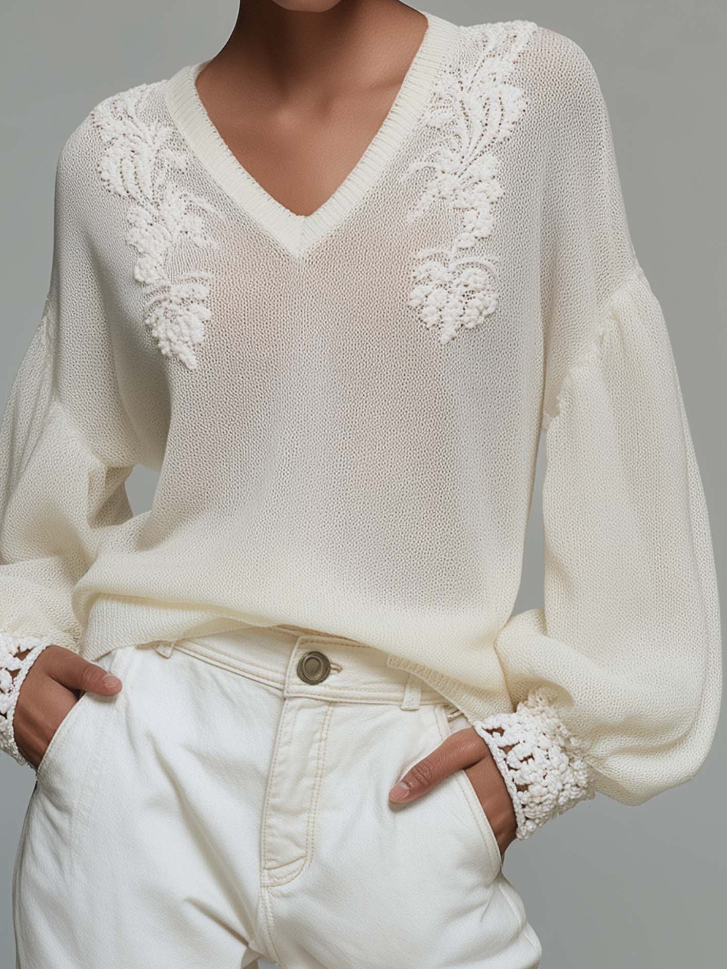 White Sheer Knit Sweater With Embroidered V-Neck