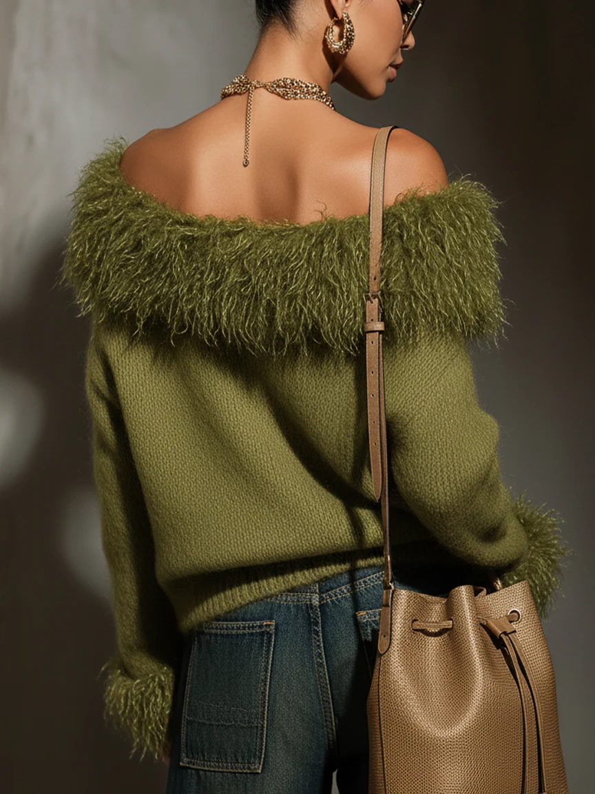 Green Mohair V-Neck Sweater With Eco Fur Accents