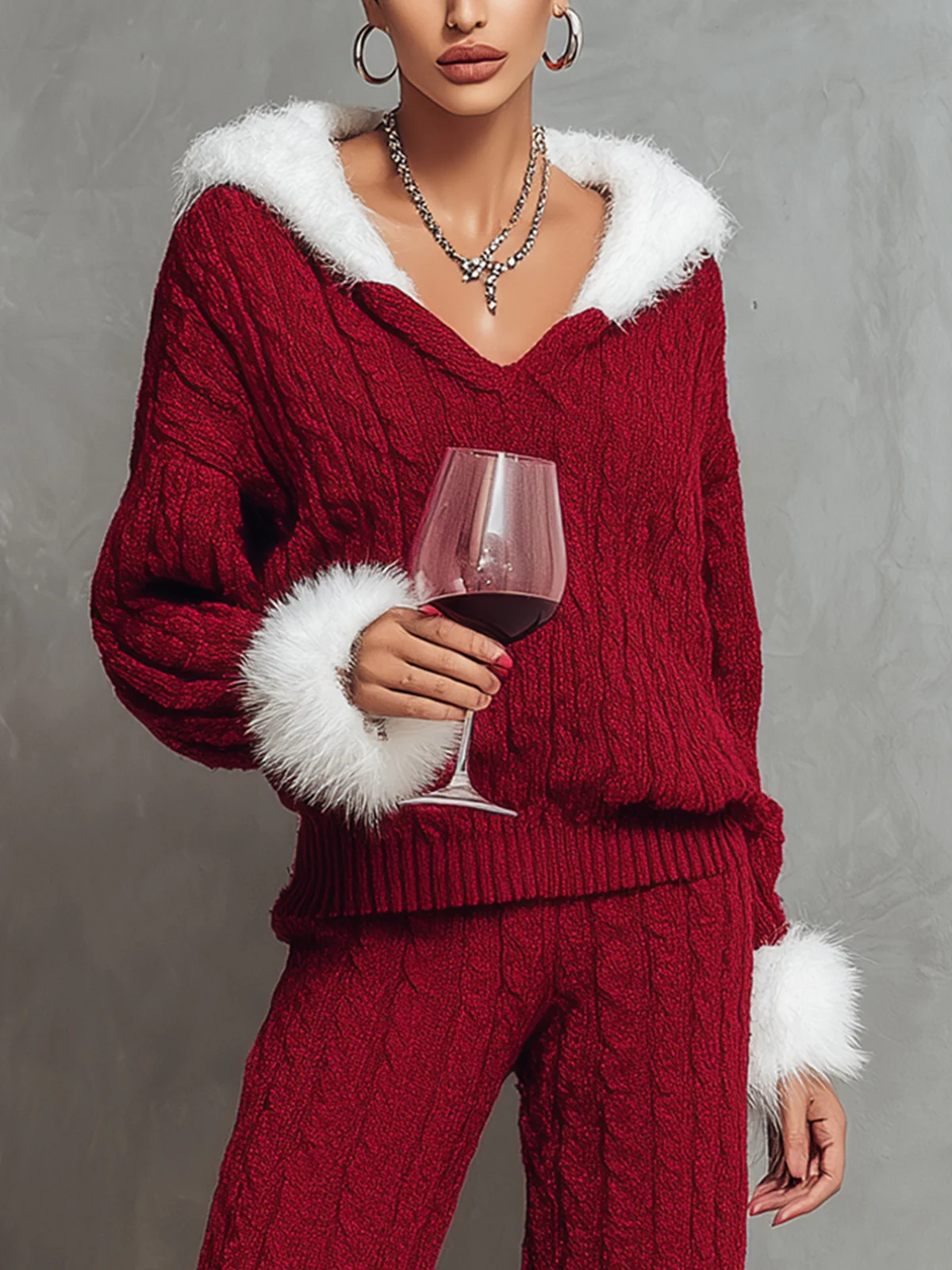 Red Cable-Knit Set With Faux Fur Trim