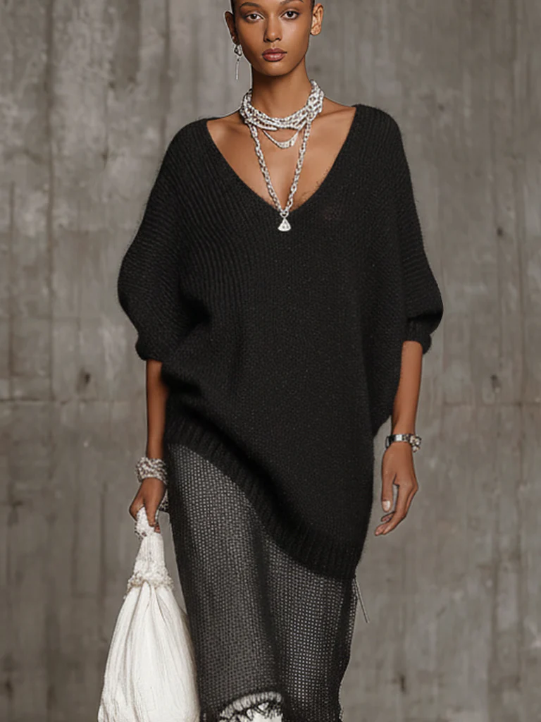 Gray Knit Oversized Sweater And Tulle Knit Midi Skirt Set