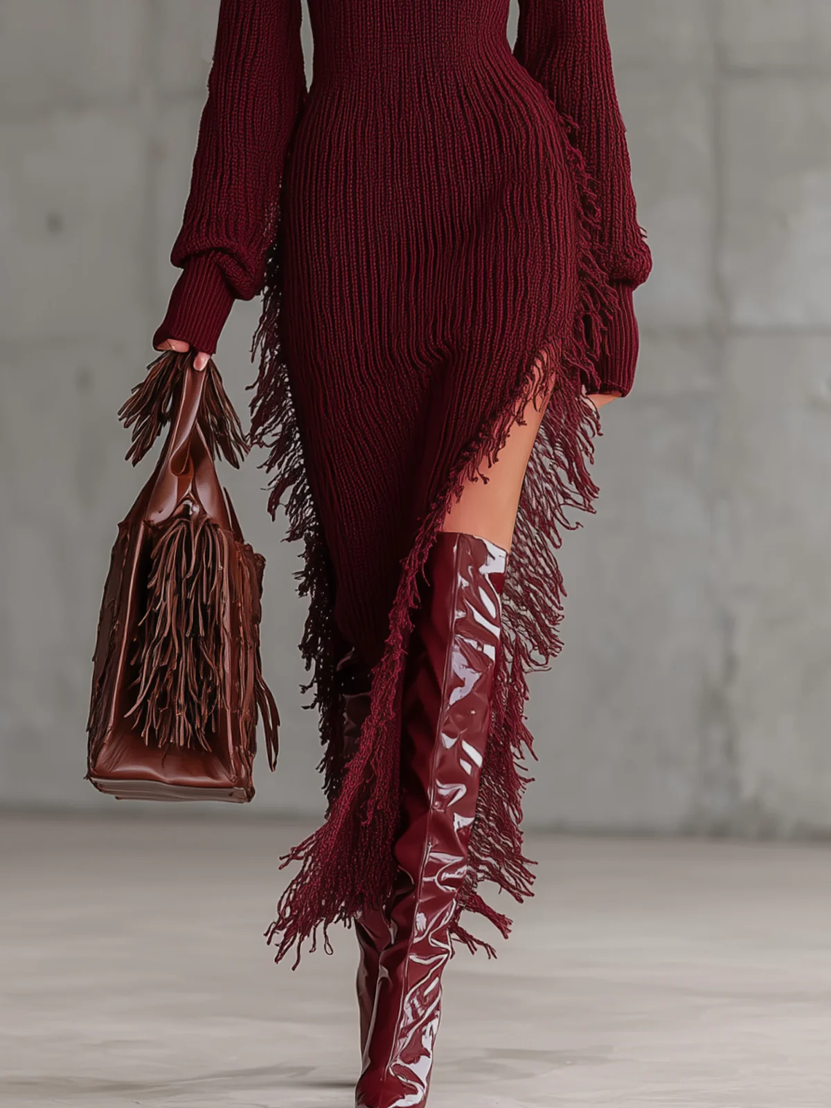 Wine Red Turtleneck Asymmetrical Fringe Knit Sweater Dress