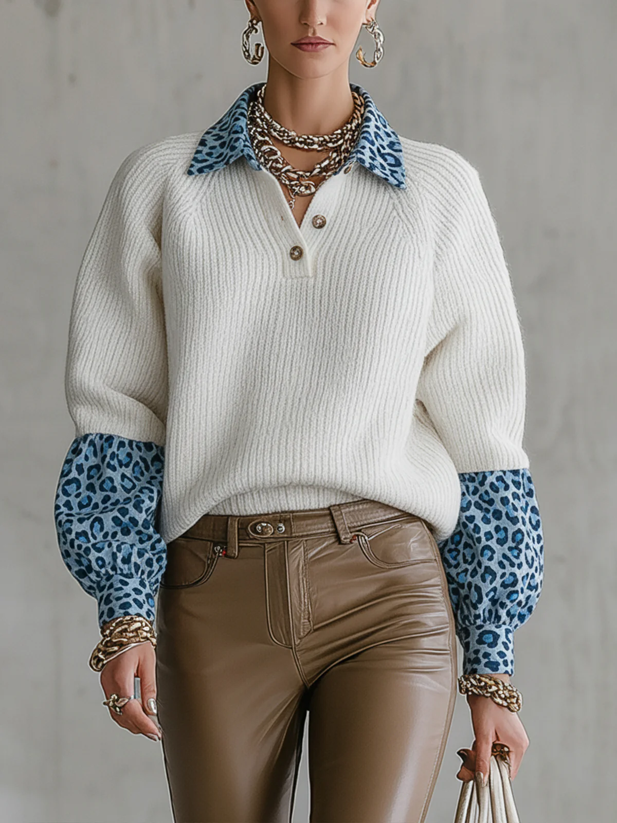 Ivory Knit Sweater With Blue Leopard Print Contrast Collar And Cuffs