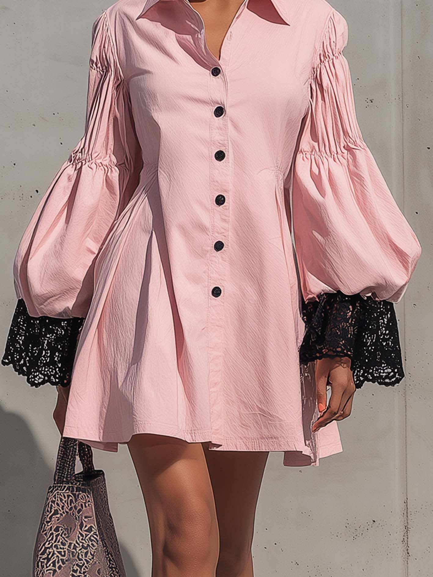 Pink Cotton-Linen Washed Mini Dress With Lace Cuff