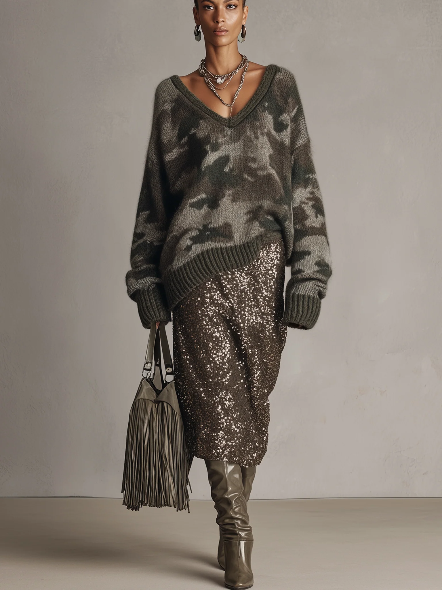 Green Knit V-Neck Camo Long Sleeve Sweater