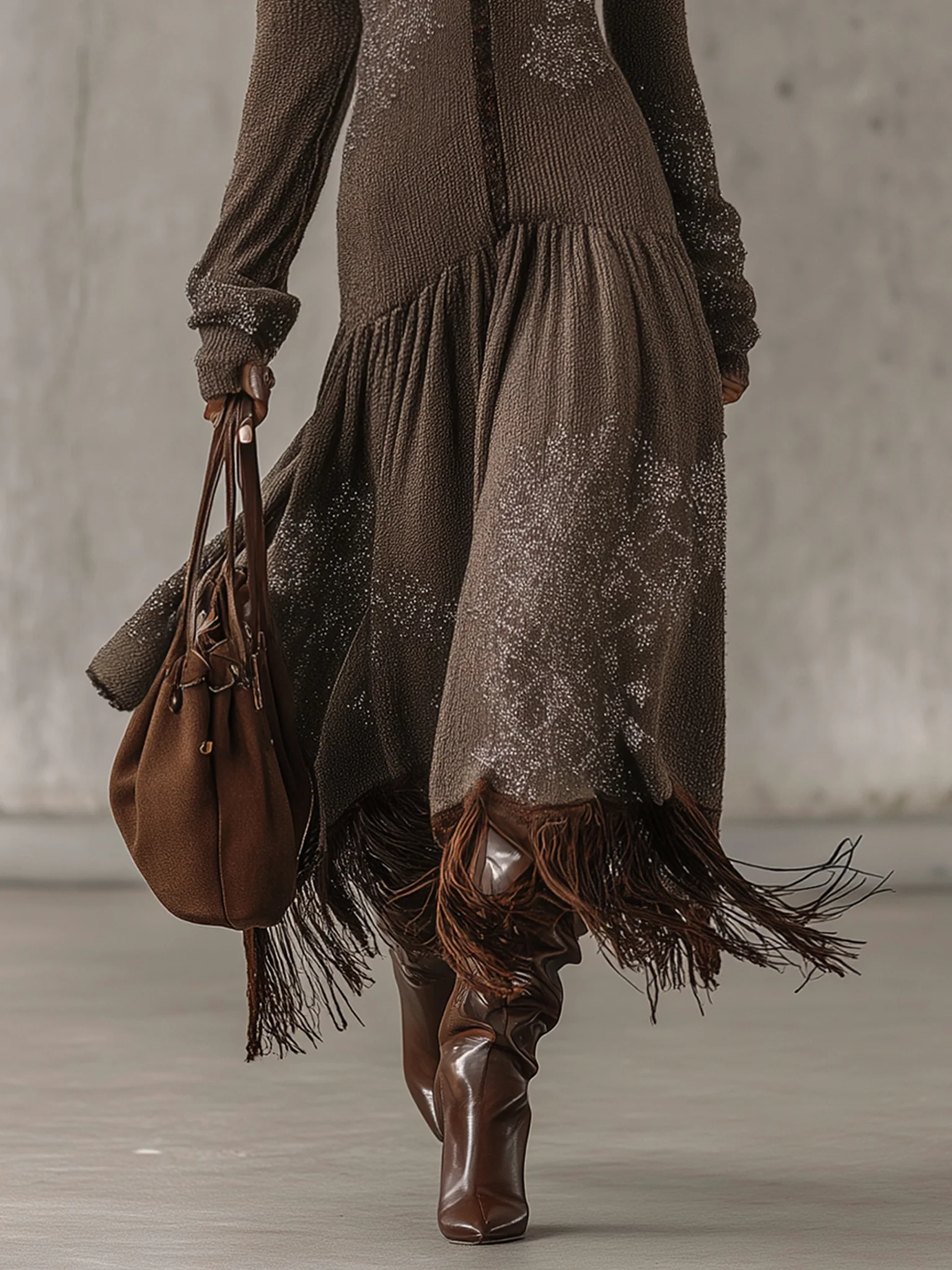 Brown Knit Fringe Bohemian Fringe Long Sleeve Maxi Dress