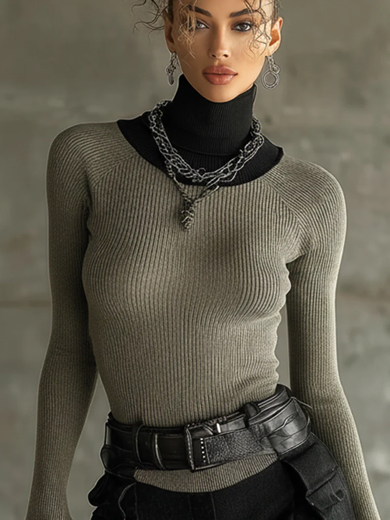 Sage Green Ribbed Turtleneck Flare Sleeve Top