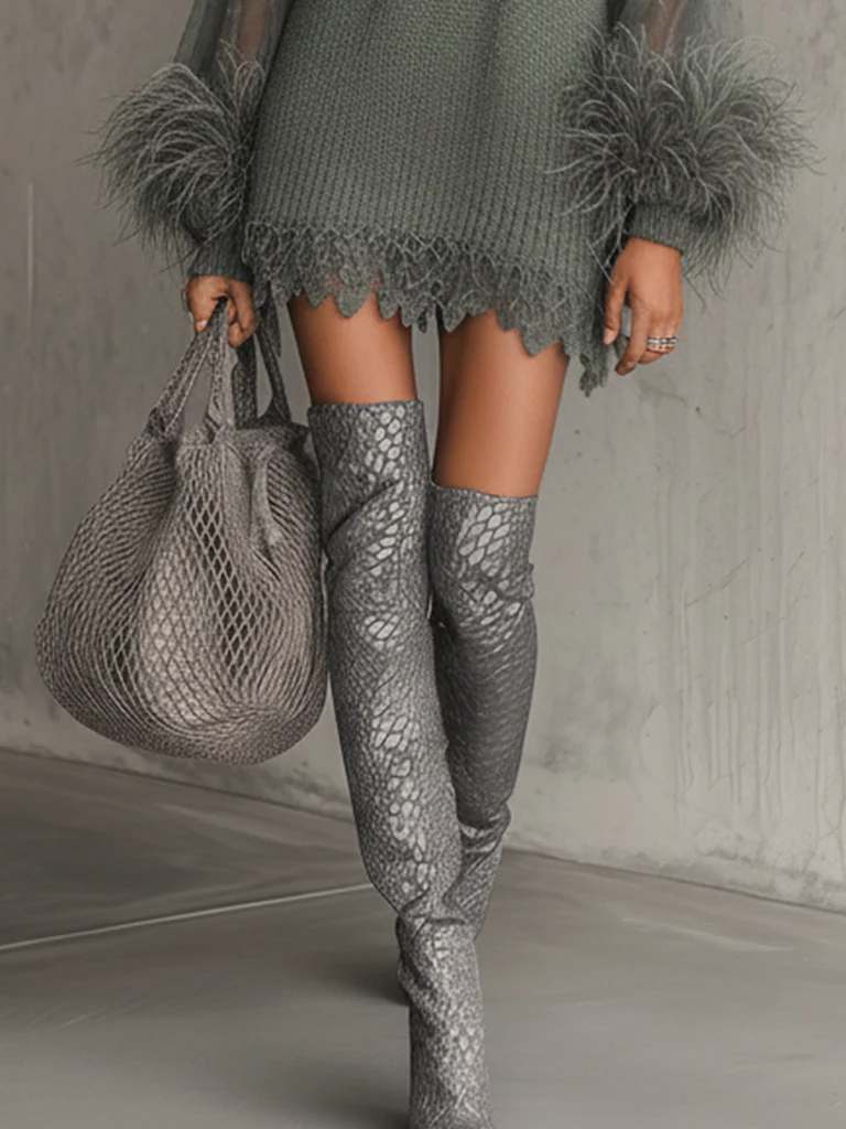 Sage Green V-Neck Feather Sleeve Knit Long Sleeve Mini Dress