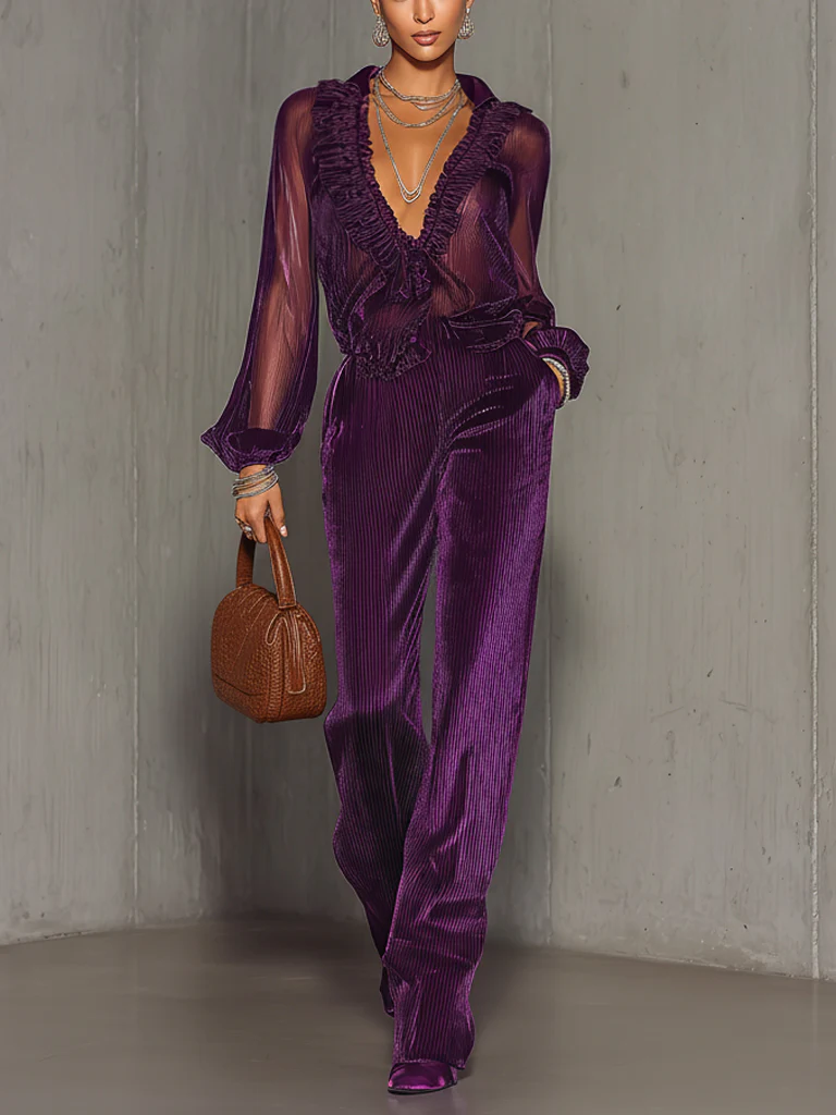 Purple Mesh Ruffled Top And Pleated Velvet Trousers Set