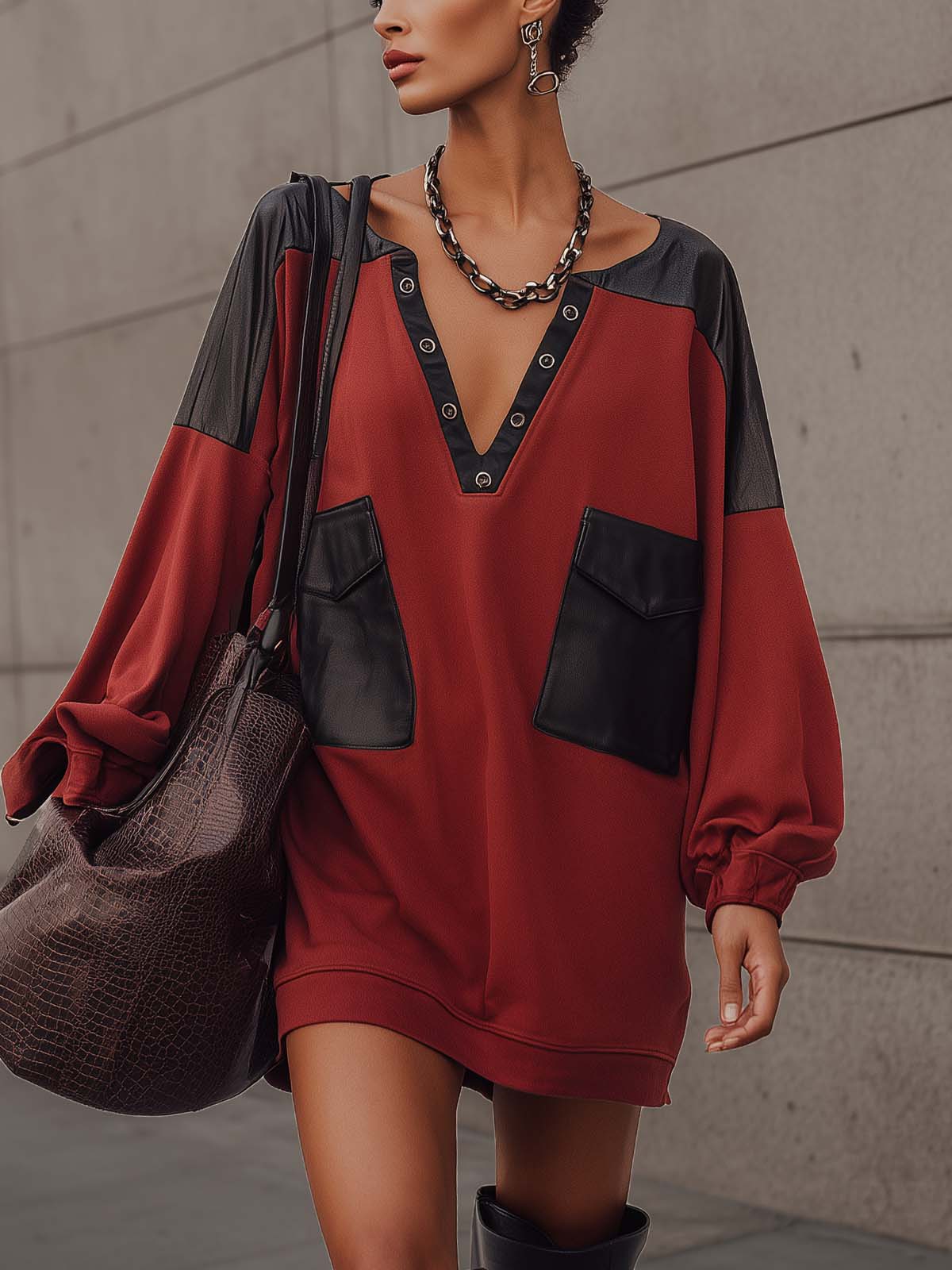 Red Fabric Blend Faux Leather V-neck Mini Dress With Metal Buckles And Patch Pockets