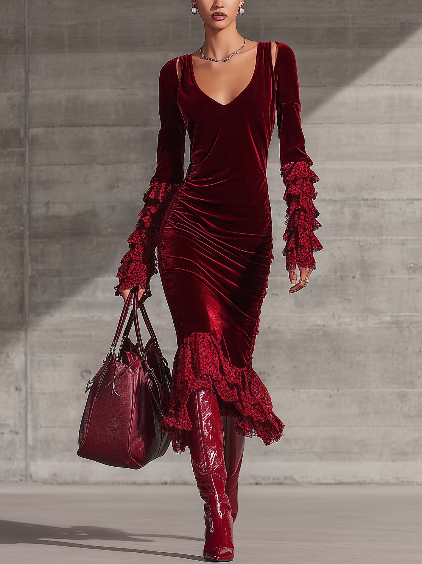 Red Velvet Lace Patchwork Hollow Out Bodycon Dress