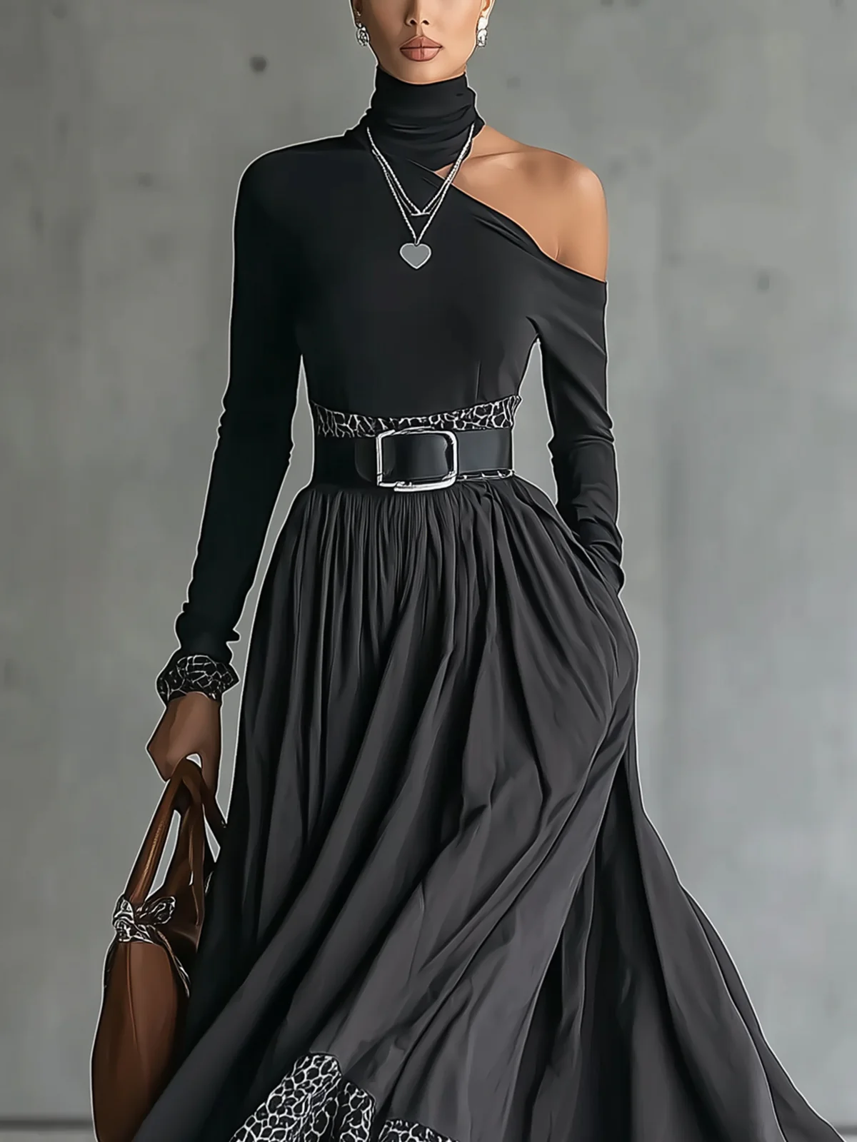 Black One-Shoulder Turtleneck Belted Maxi Dress With Leopard Print Hem