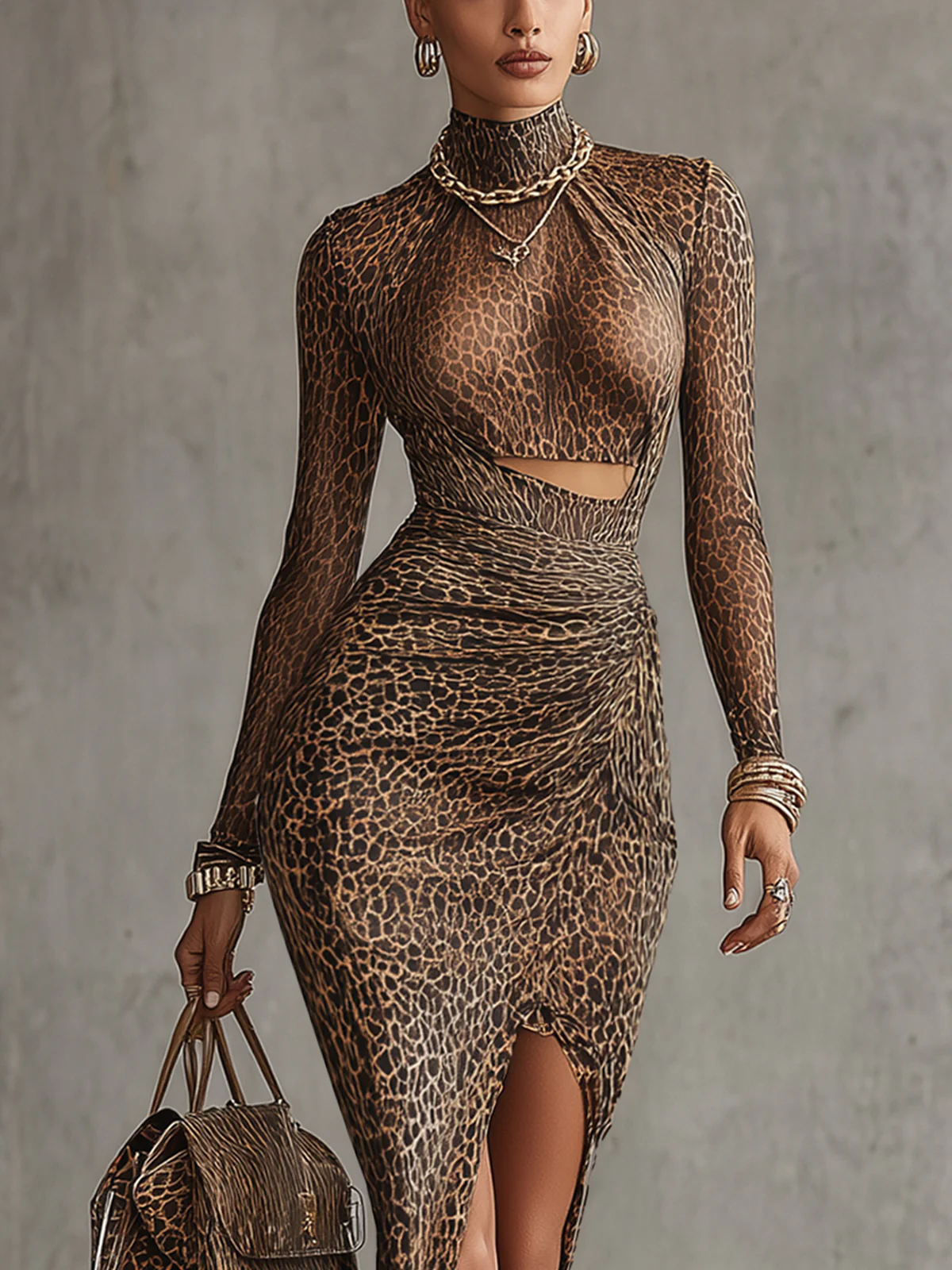 Leopard Print  Cutout Waist High Neck Bodycon Midi Dress
